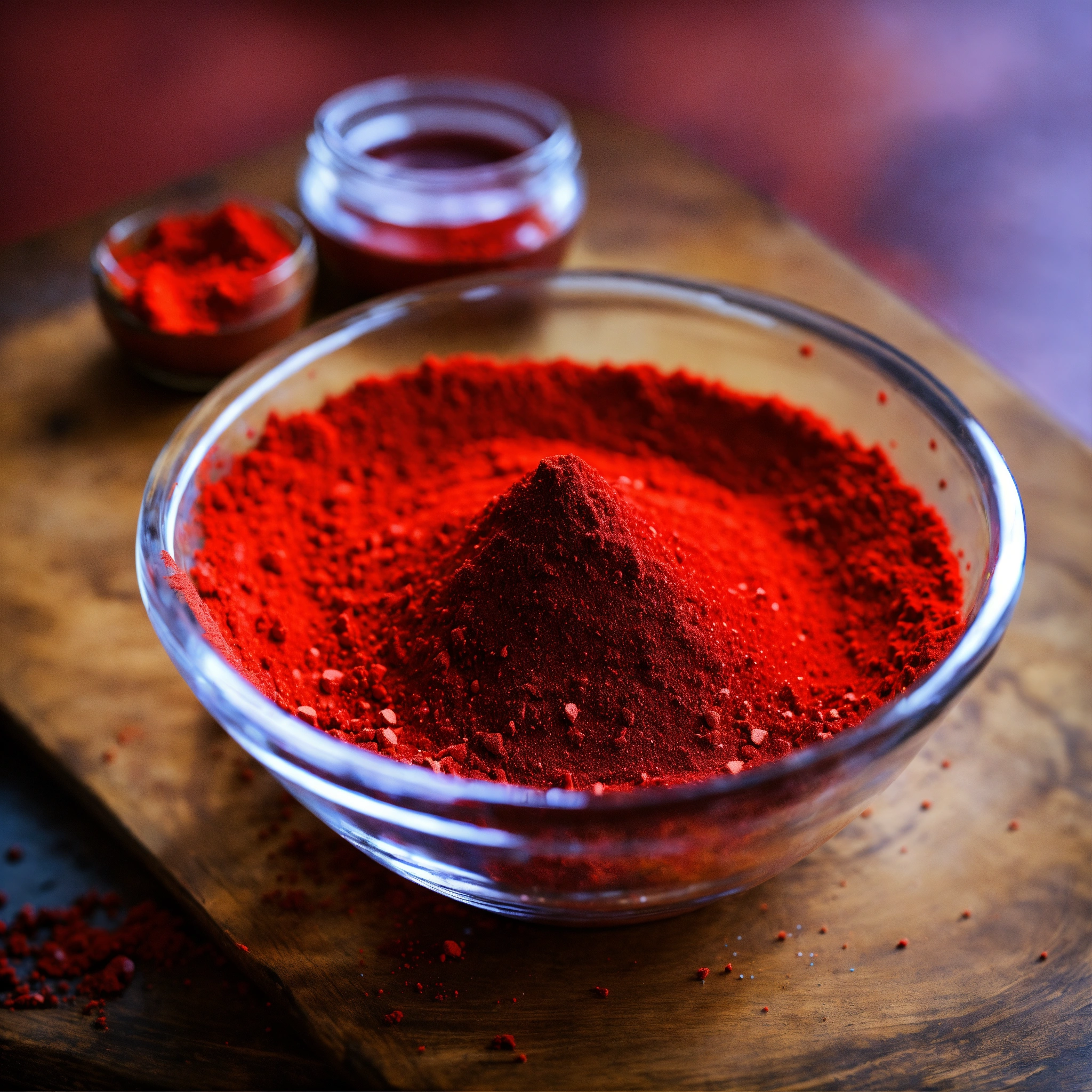 Lexica - Red crstal powder in a small glass bowl on a table
