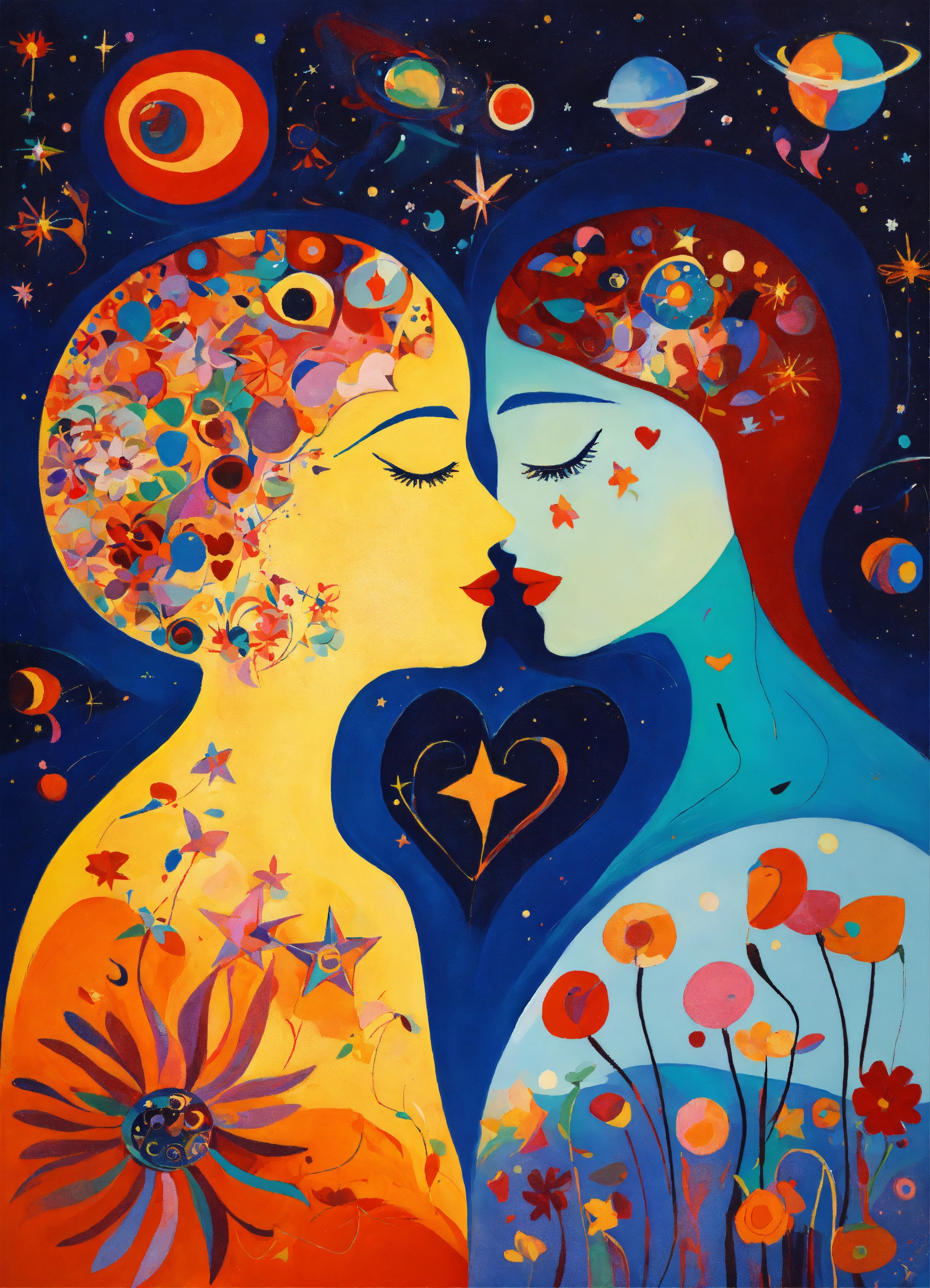 Lexica - Abstract lovers, man, woman, flowers, stars, colorful, portal ...