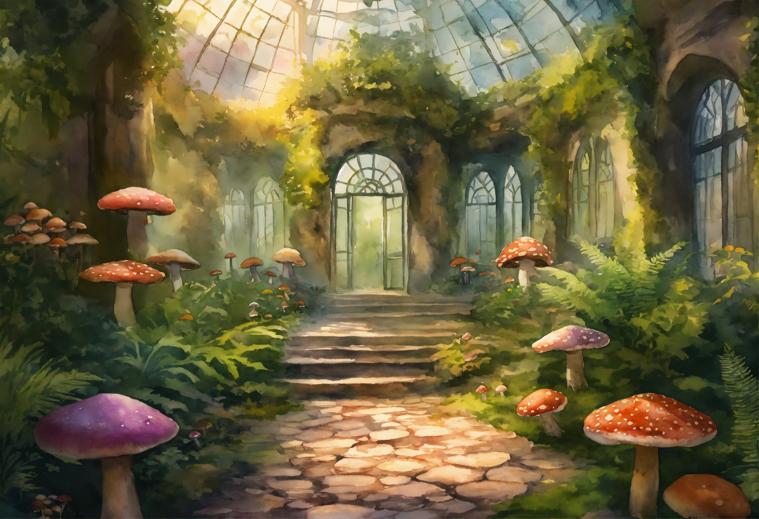Lexica - Create an a muted watercolor winding cobblestone pathway in an ...