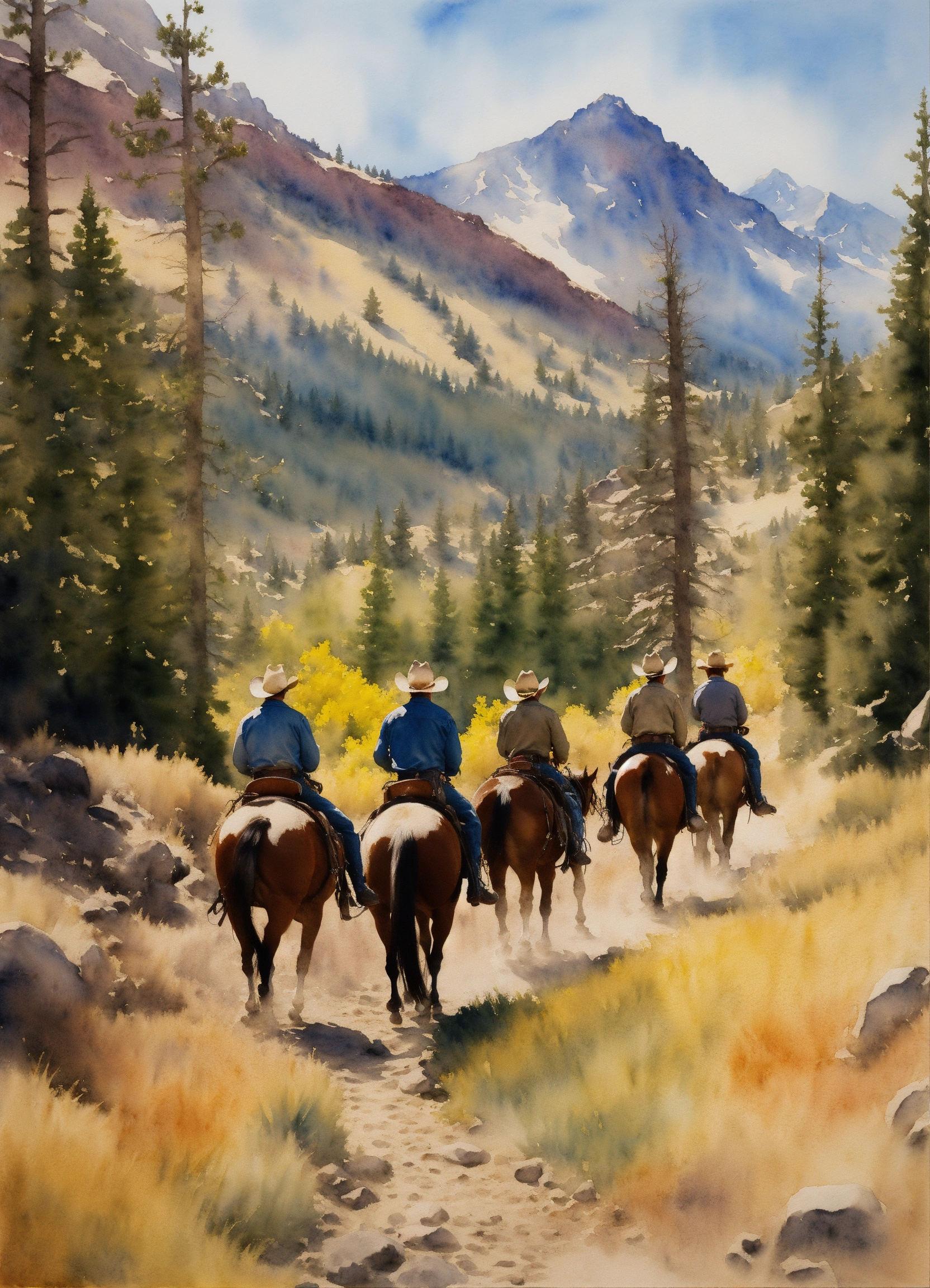 Lexica - Create a watercolor painting of a group of cowboys on ...