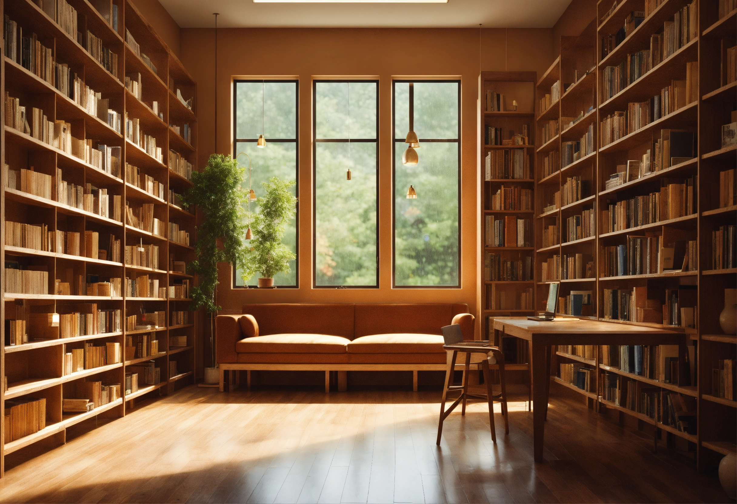 Lexica - A warm modern library interior. It’s raining outside, we can ...