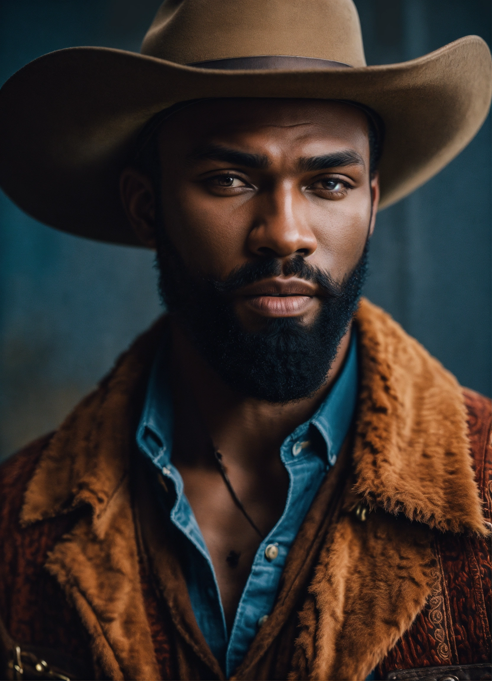 Lexica - Handsome black cowboy, full beard, dark skin