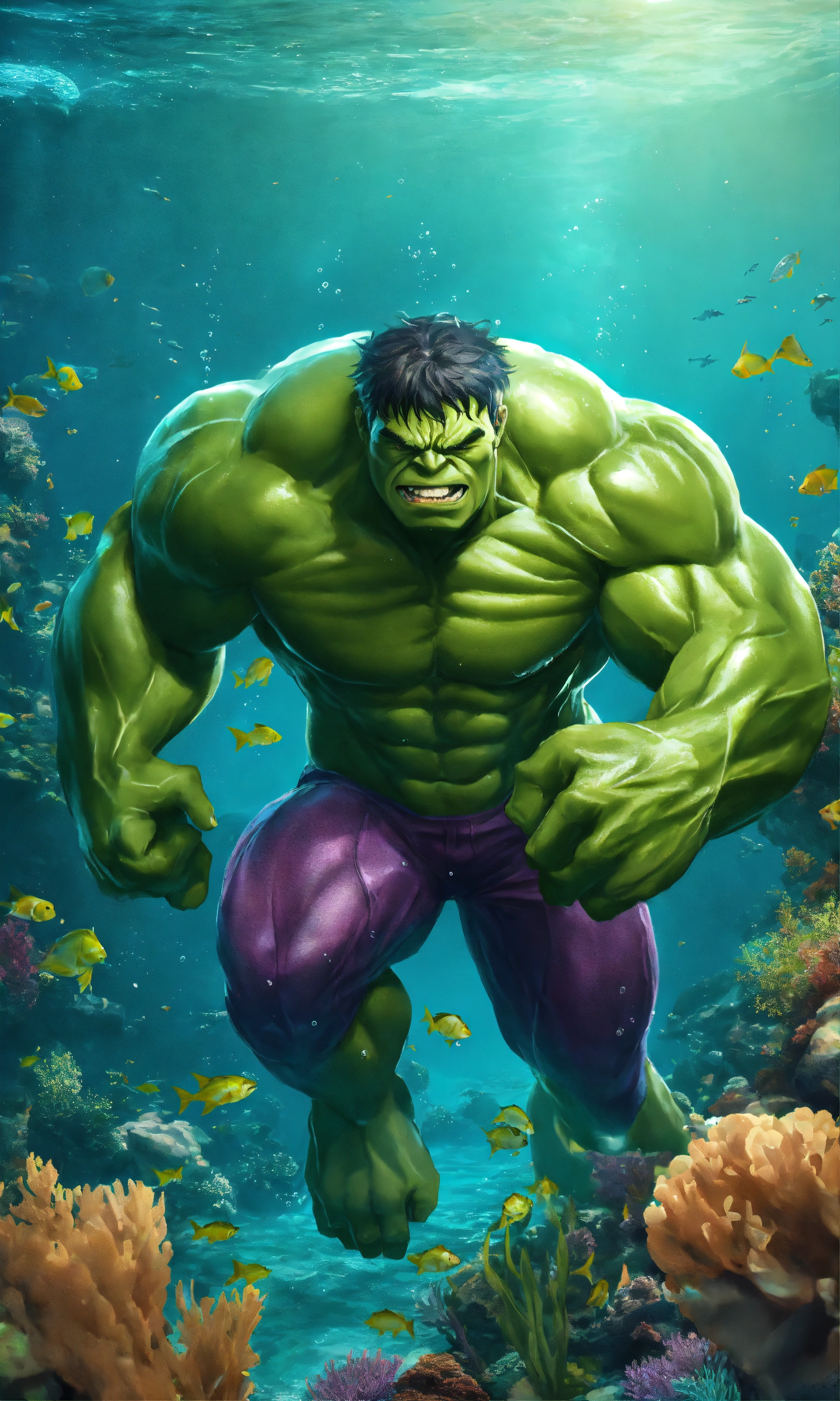 Lexica - Hulk swimming with fish underwater in the ocean, nature ...