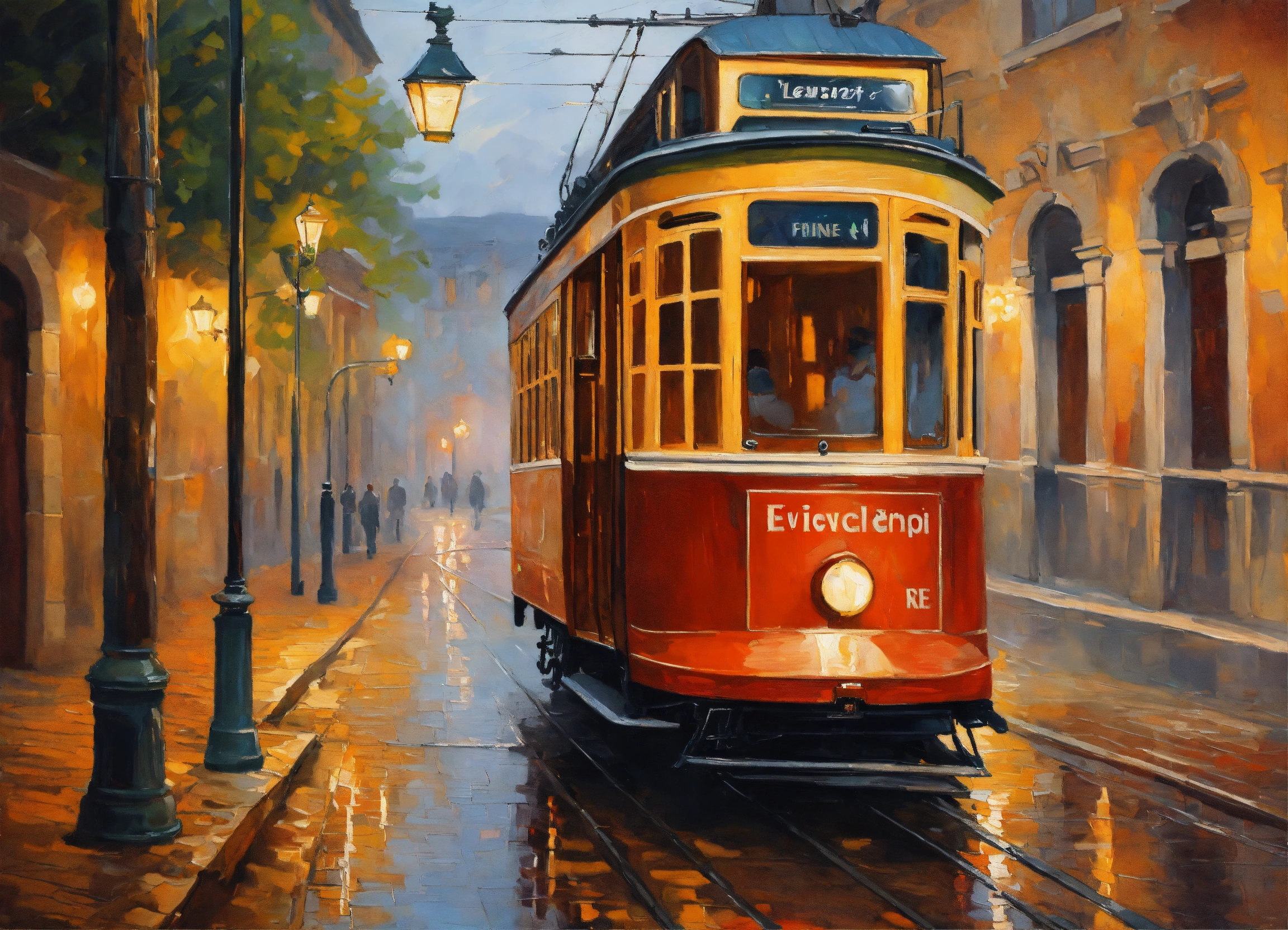 Lexica - Oil paintings landscape, old tram in the street. old city ...
