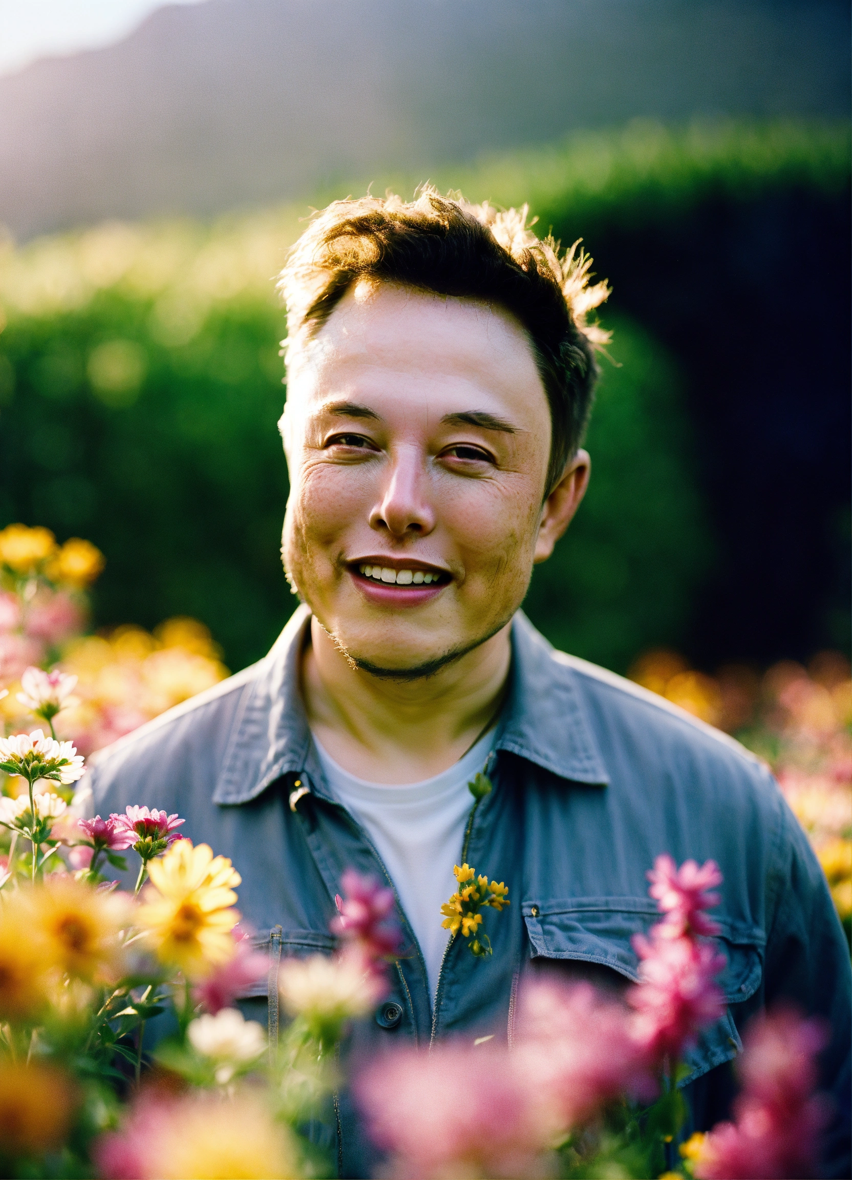 Lexica - Happy Elon Musk Standing In A Beautiful Field Of Flowers ...