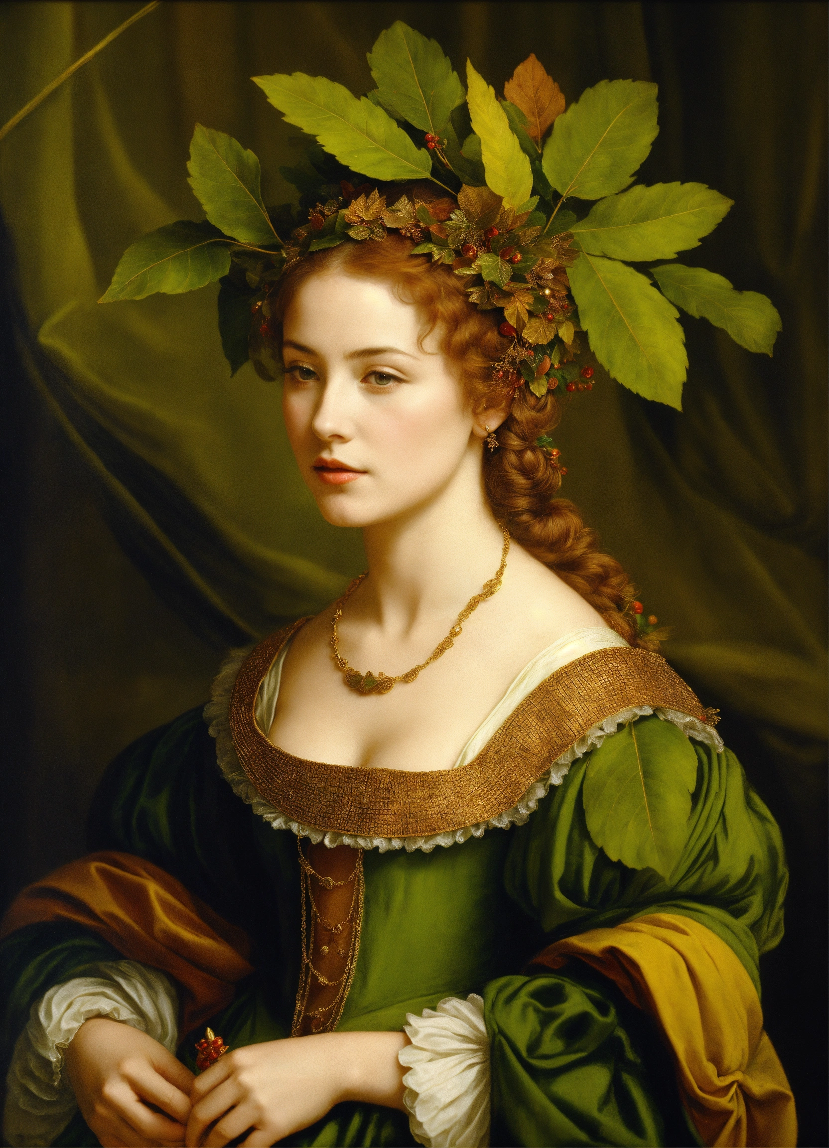 Lexica - Woman with spiral leaf on head, adorned in Renaissance attire.