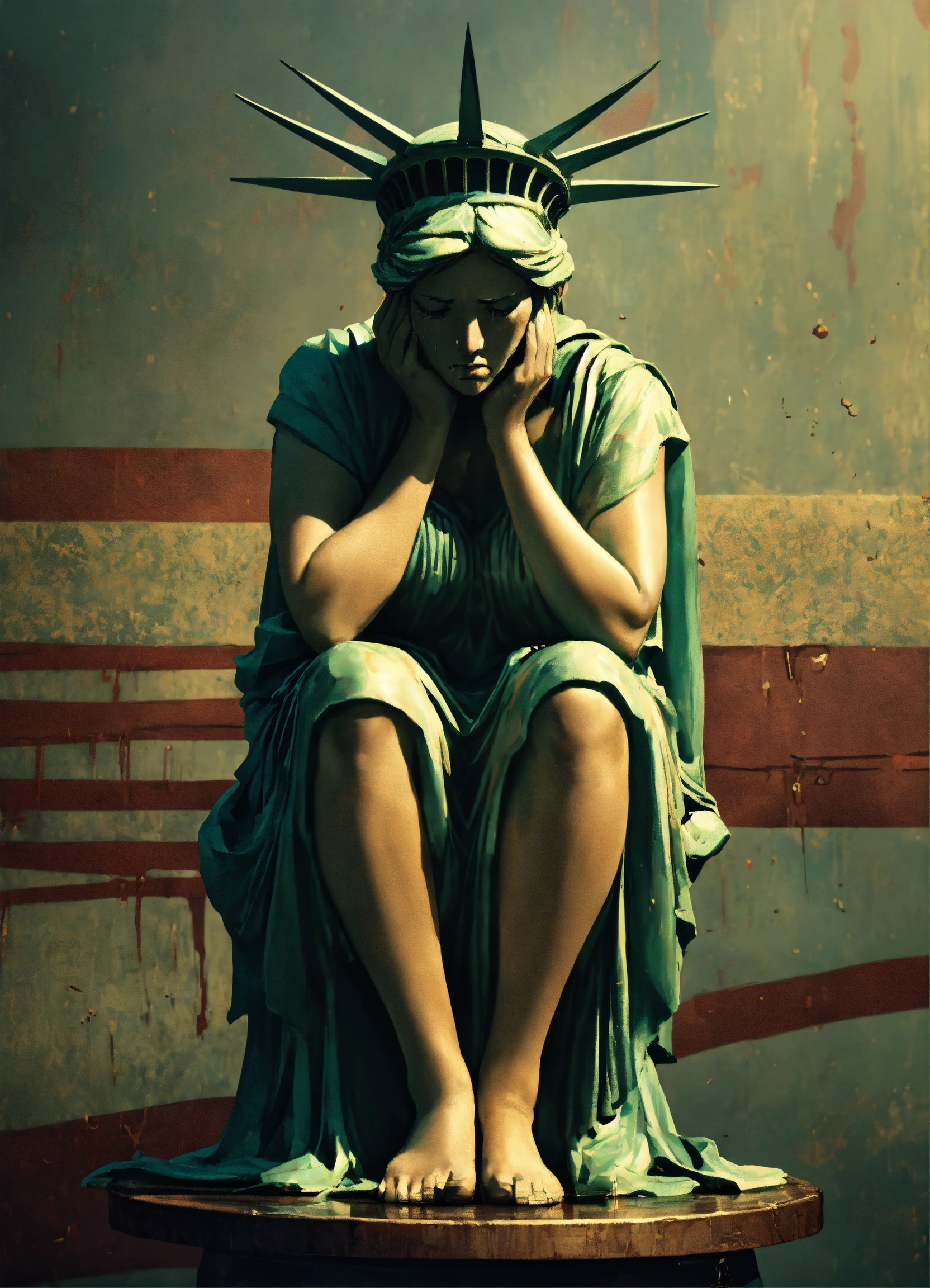 Lexica - Image of the Statue of Liberty crying, sitting down on a stool ...