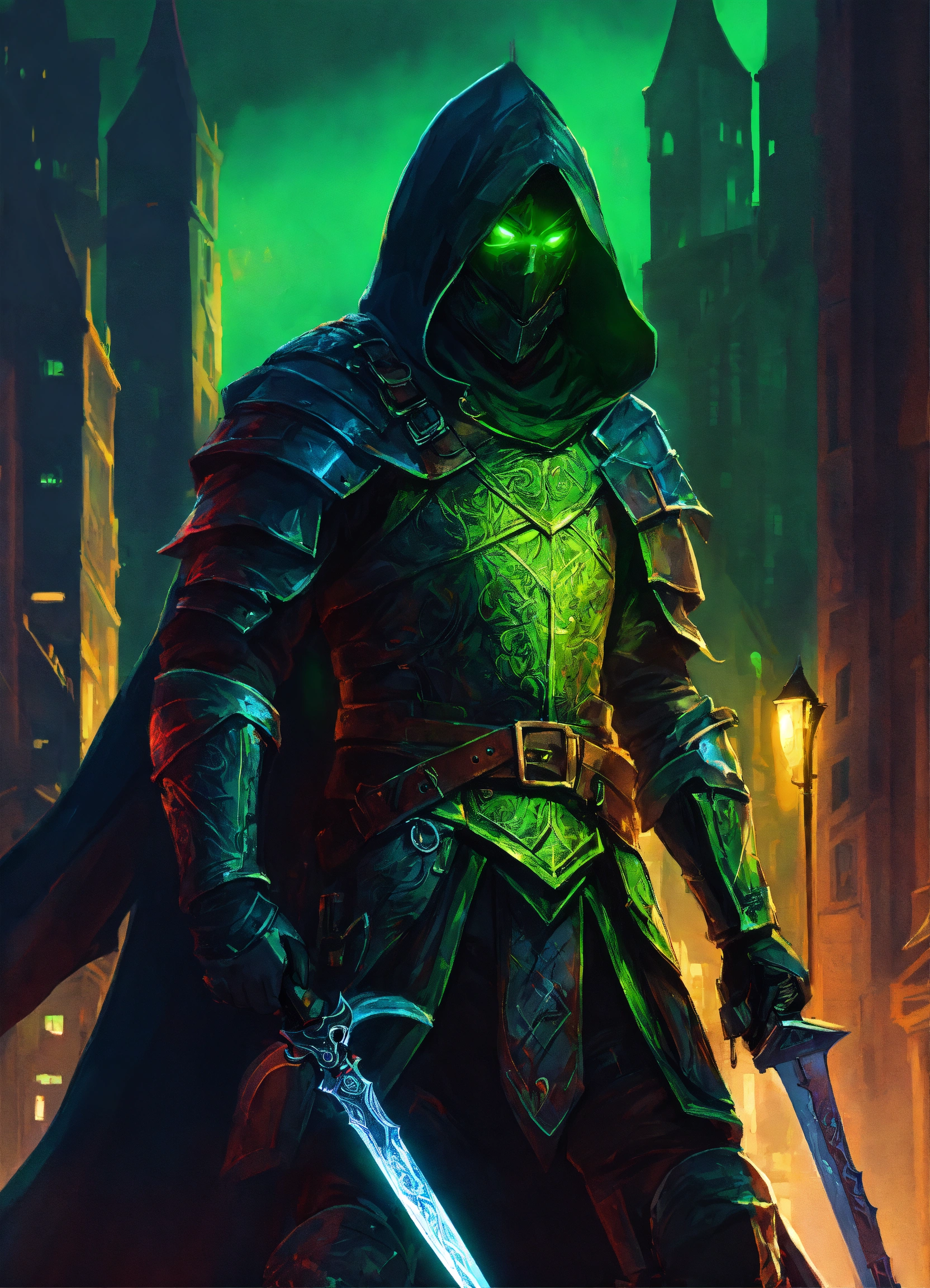 Lexica - A hooded mysterious shadowy figure, glowing neon green eyes ...