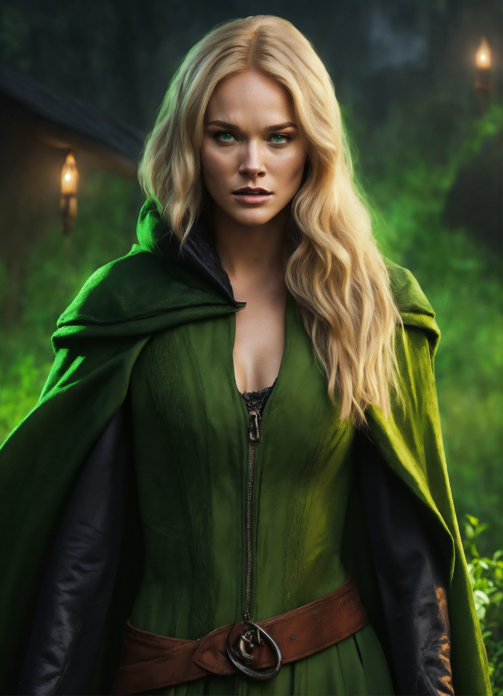 Lexica - A blonde straight hair with green eyes women wears witch ...
