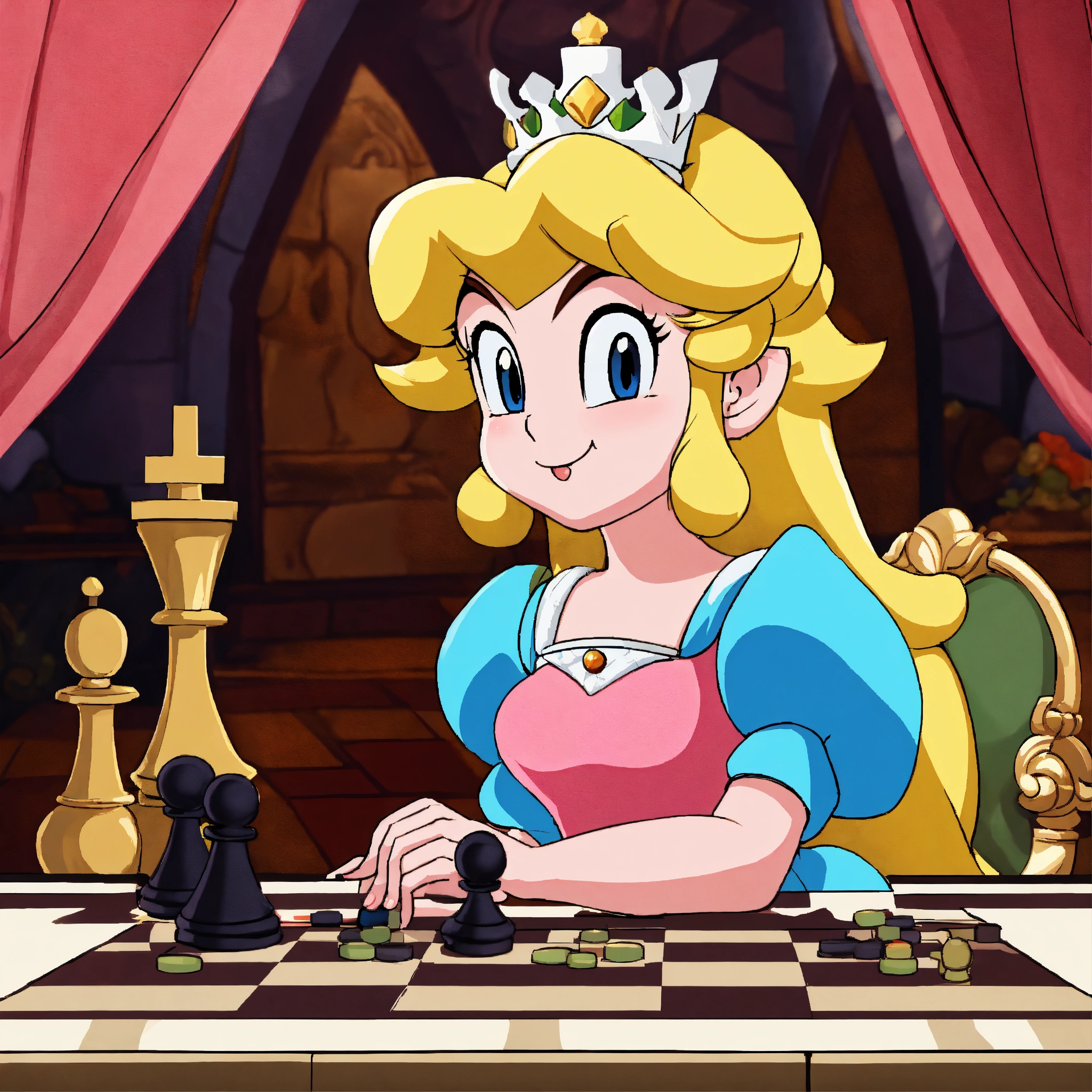 Lexica - Princess Peach playing chess, cartoon style.