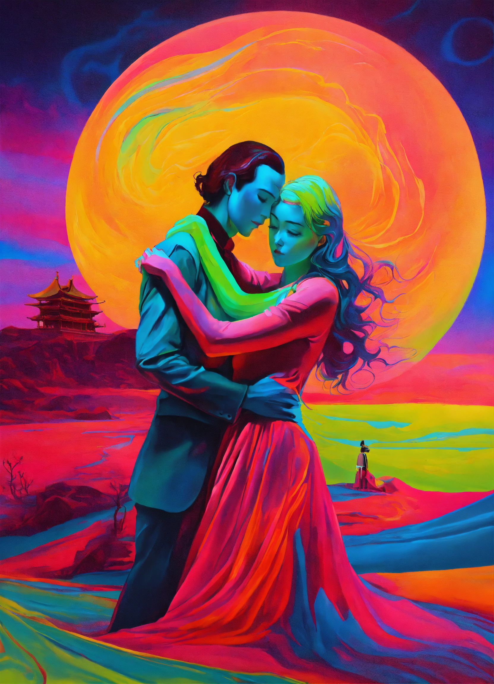 Lexica - Surrealism dali style neon colors couple hug each other and ...