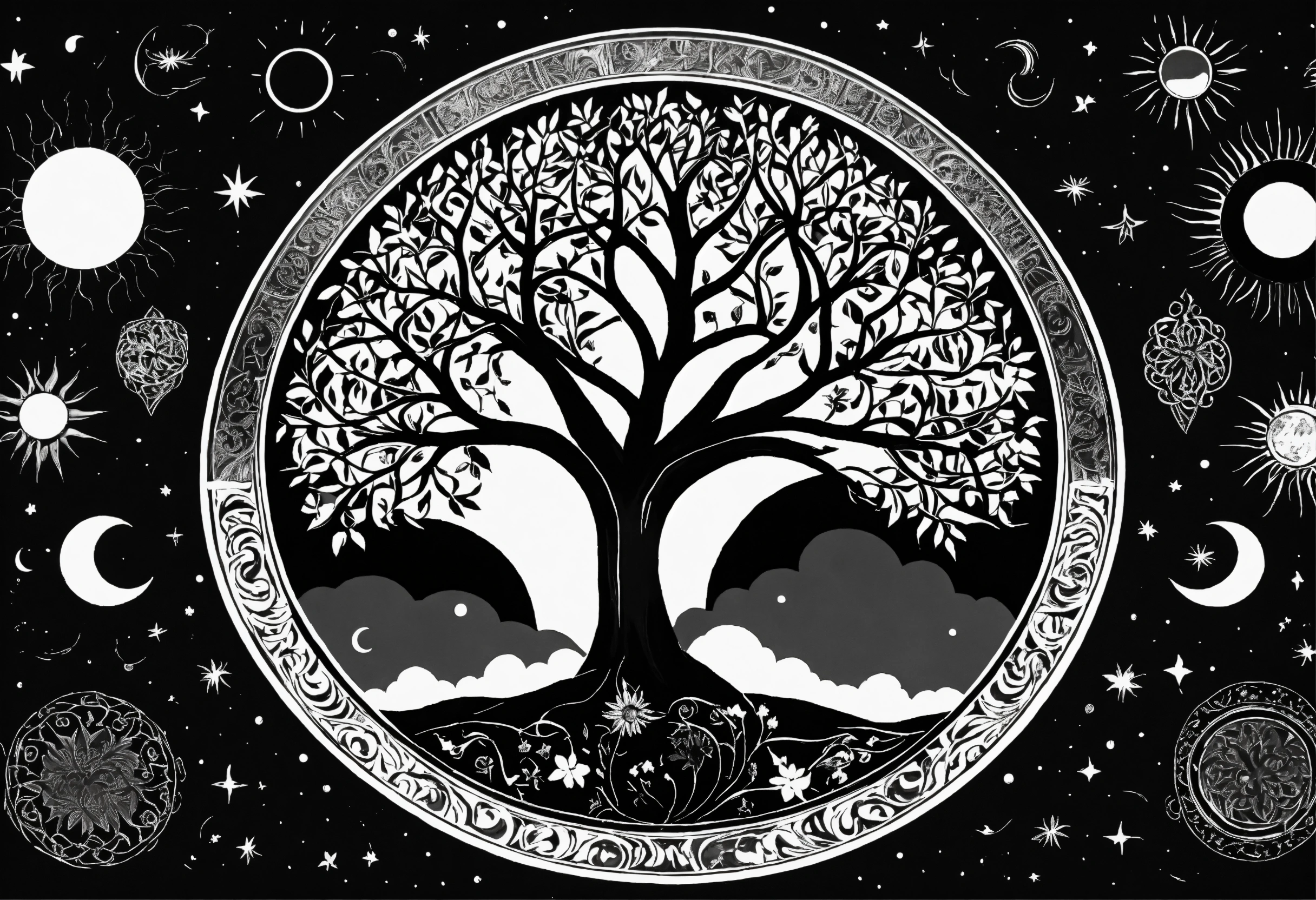 Lexica - Tree of life black and white no leaf with moon sun and stars