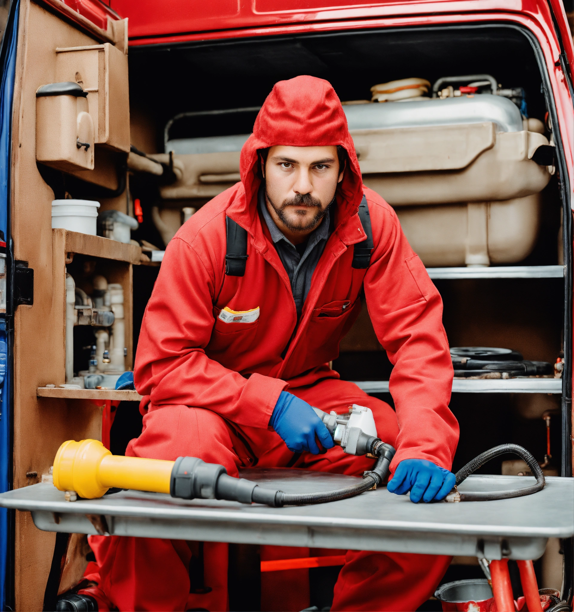 Lexica - A plumber in a red overall outfit and a red hard helm is ...