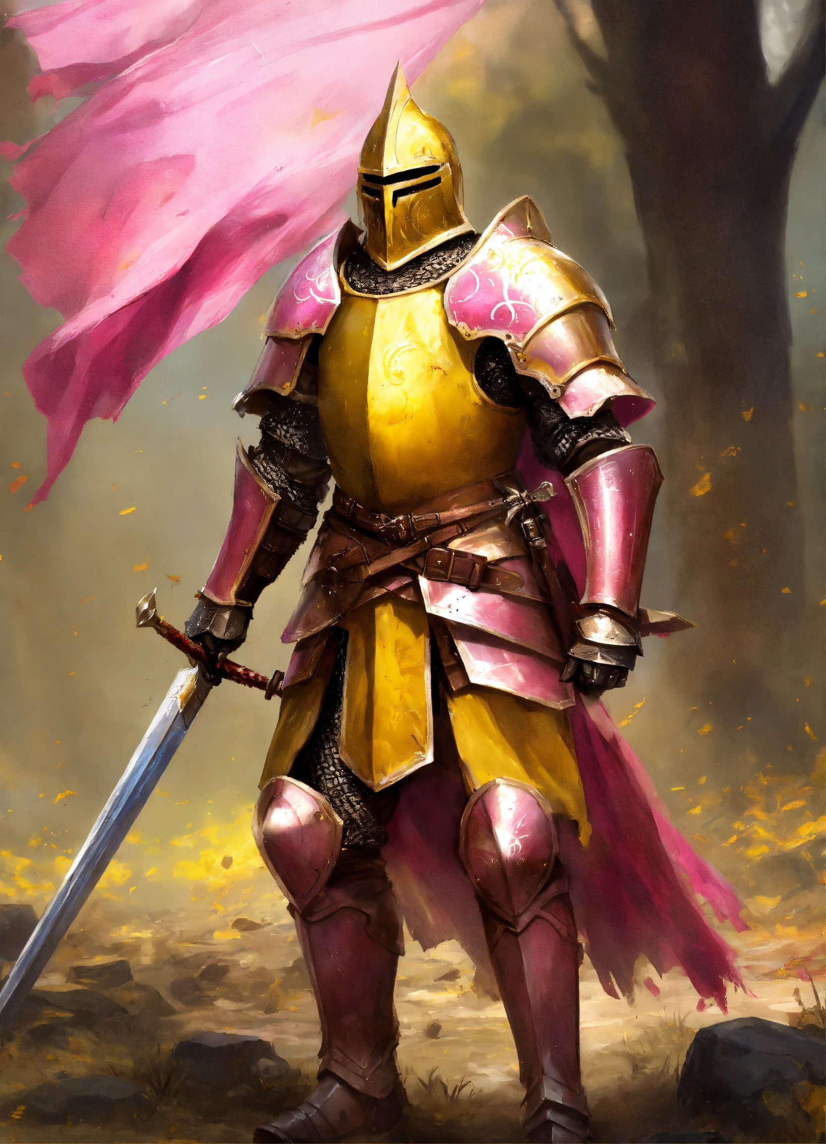 Lexica - A good paladin knight in yellow and pink, damaged armour ...