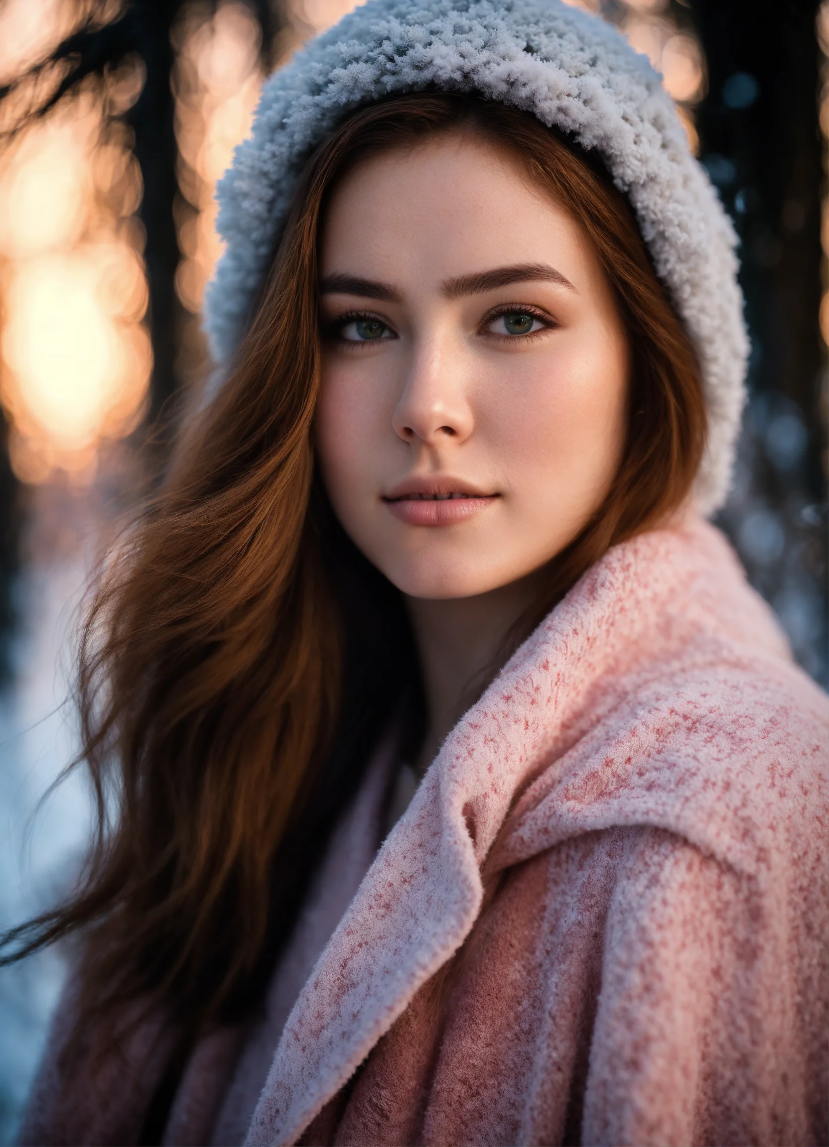 Lexica - Beautiful woman meets dawn in winter pine forest, close-up ...