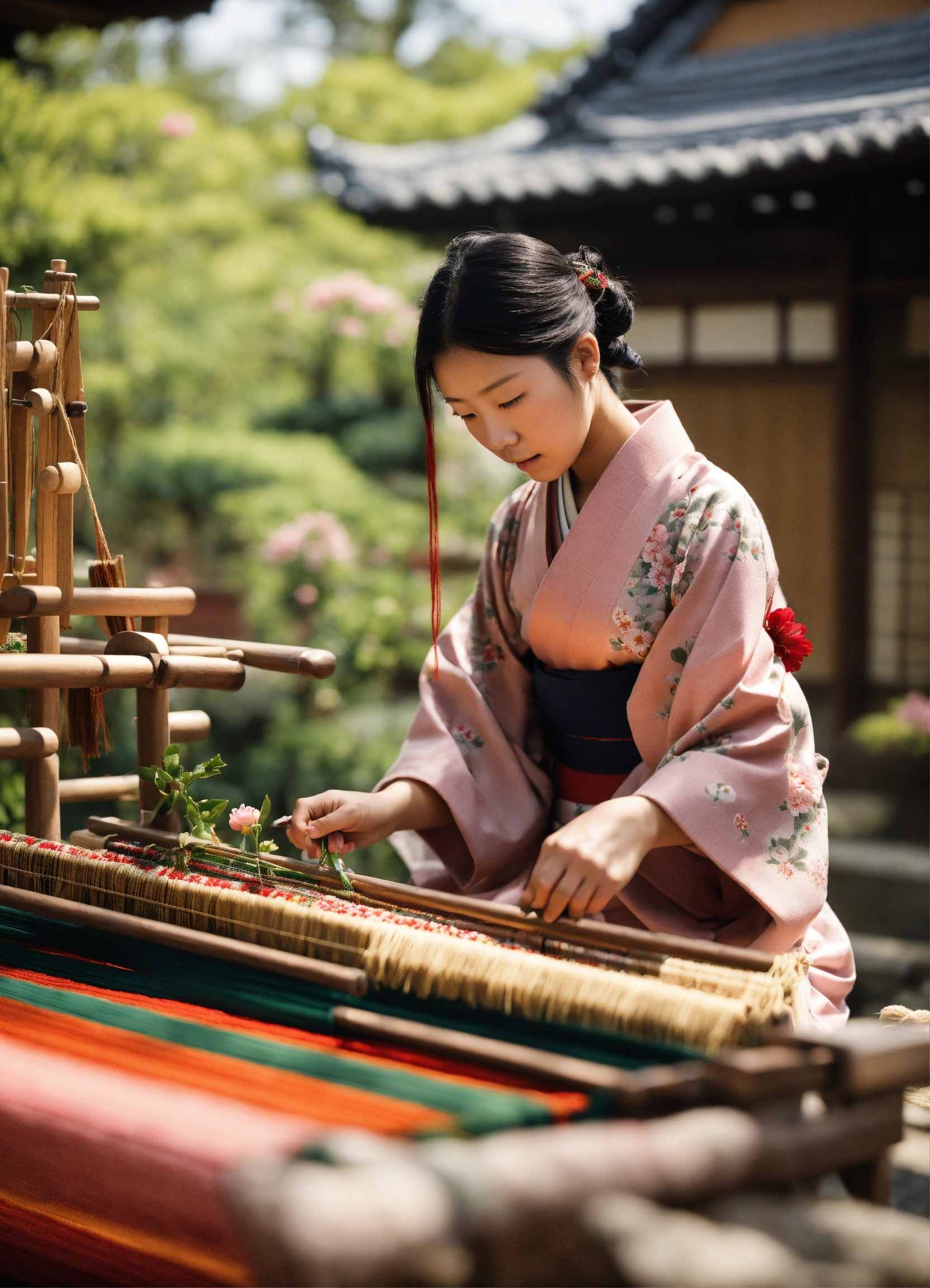 Lexica - 8k image of young Sakura, a Japanese woman, weaving her carpet ...