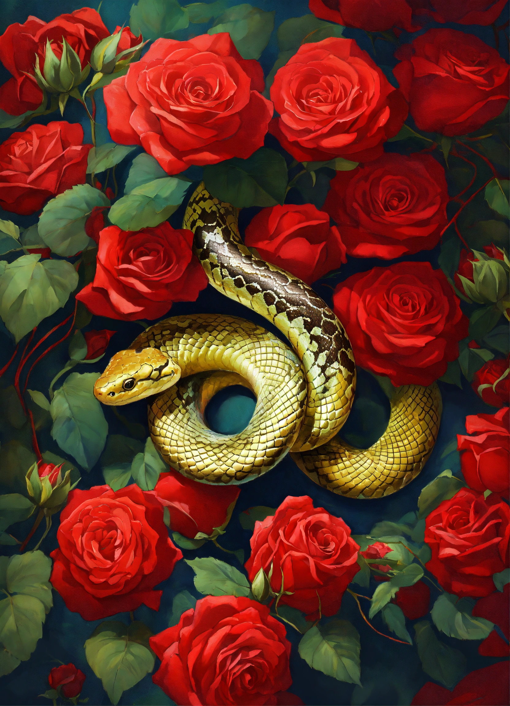 Lexica - A snake among red roses
