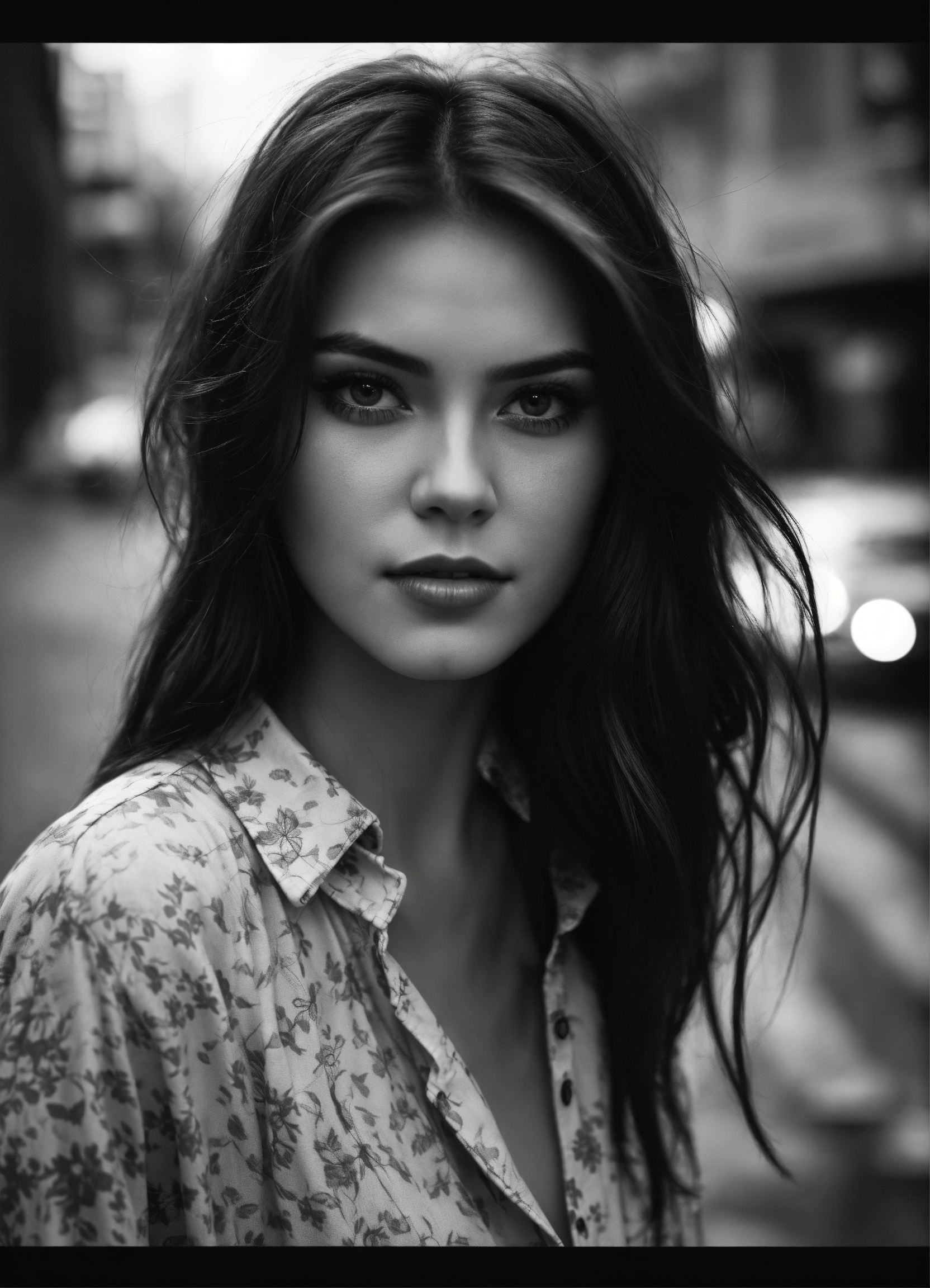 Lexica Portrait Draw Beautiful Girl Dark Hair Gray Eyes Open Shirt Lachs On The Street 8099