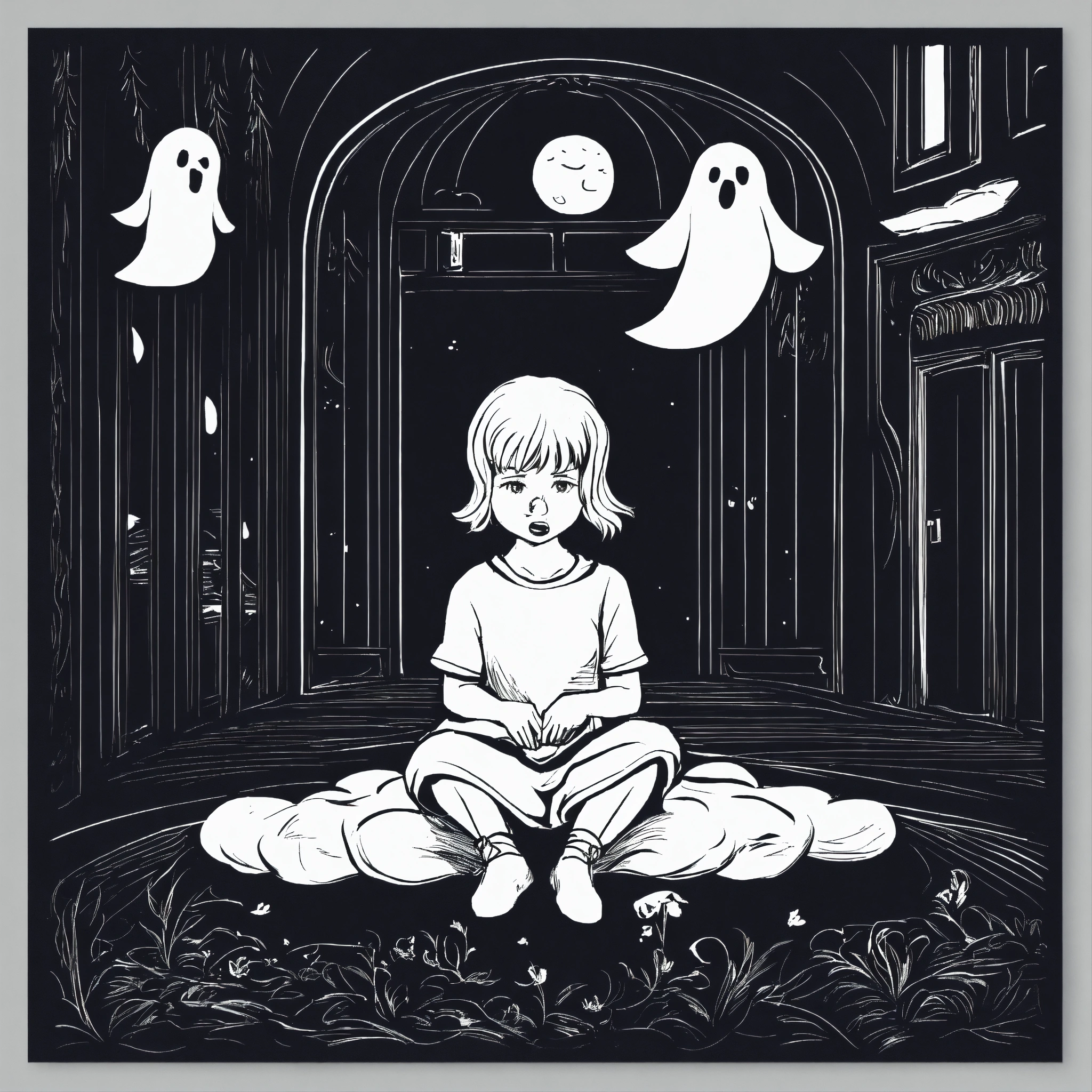Lexica - Girl sits and is afraid of a ghost on the black background