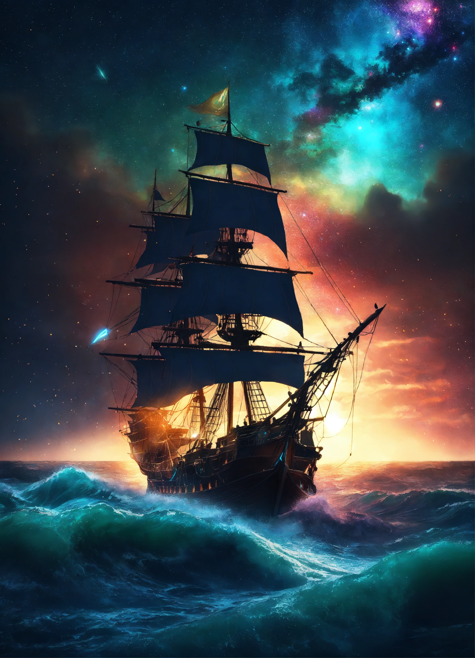 Lexica - (Pirate ship sailing and one flash light a bioluminescence sea ...