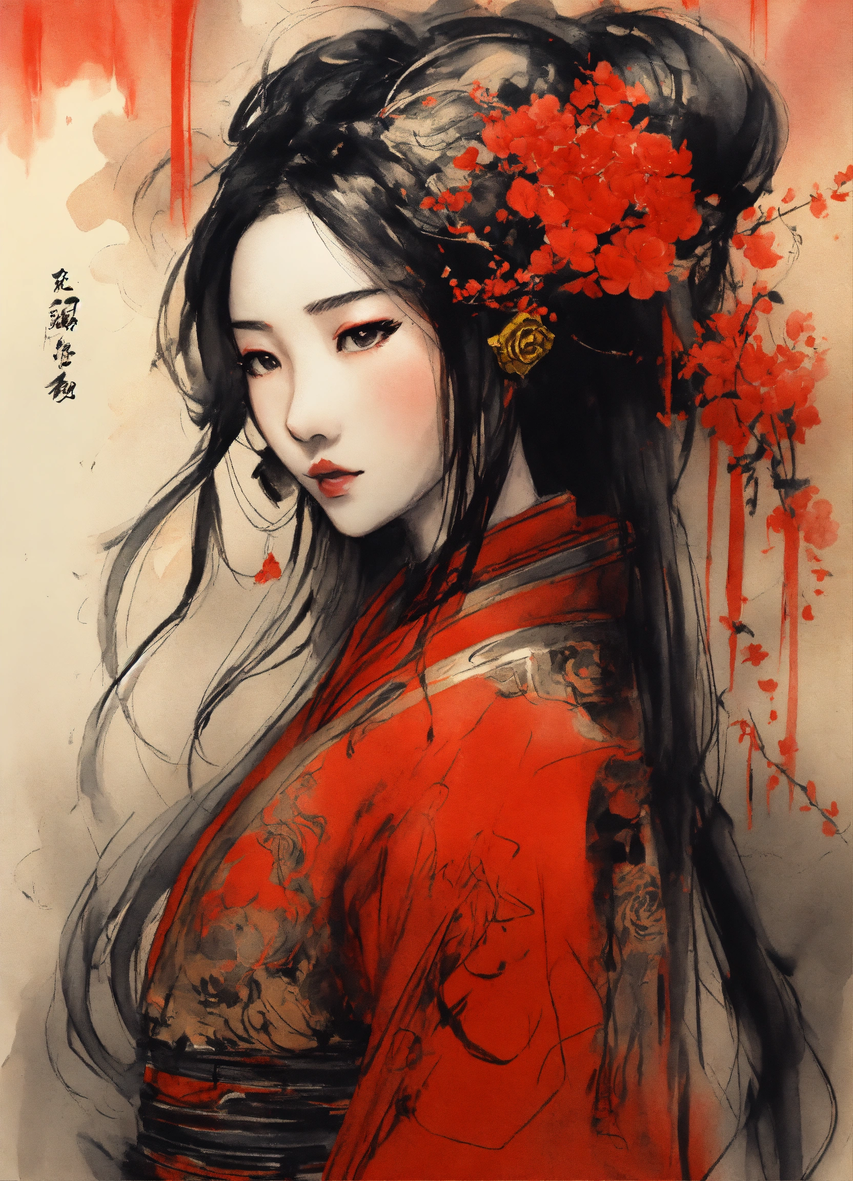 Lexica - Shuǐmò huà, 水墨画, black and red ink, a robot beautiful girl in ...