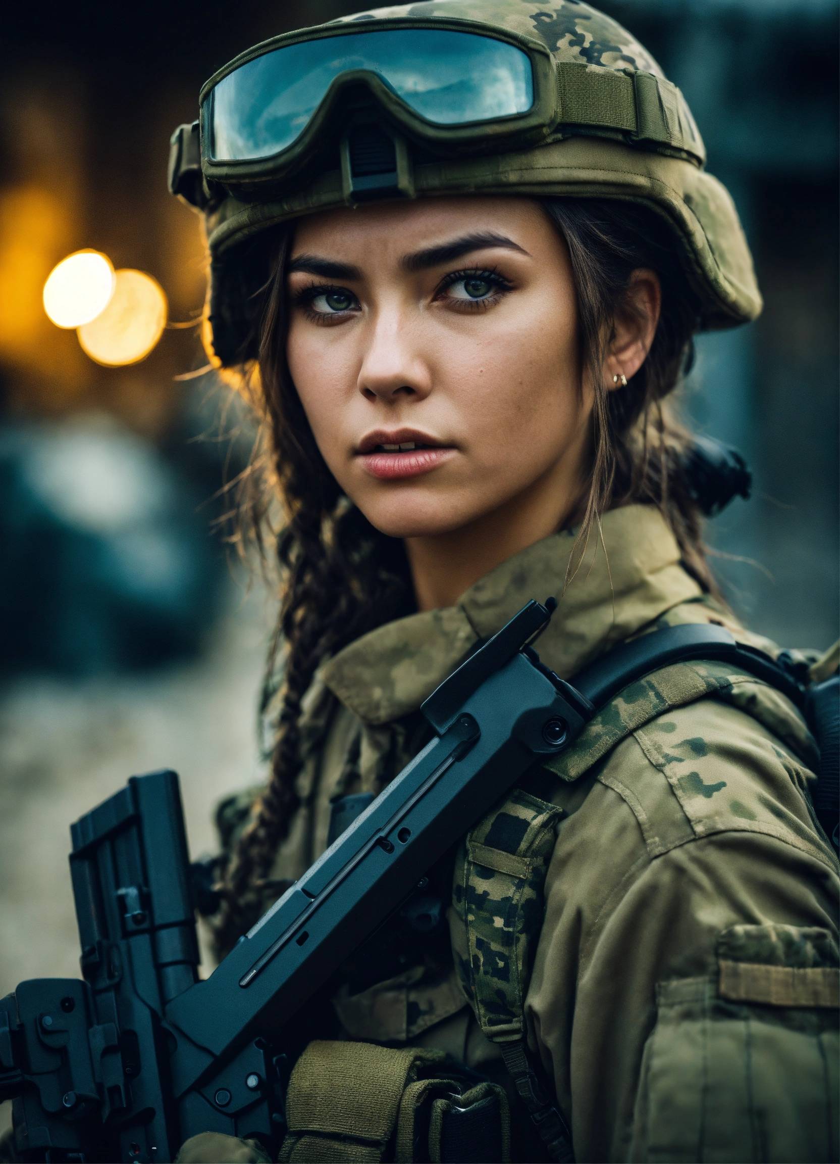Lexica - A beautiful soldier girl wearing camouflage military equipment ...