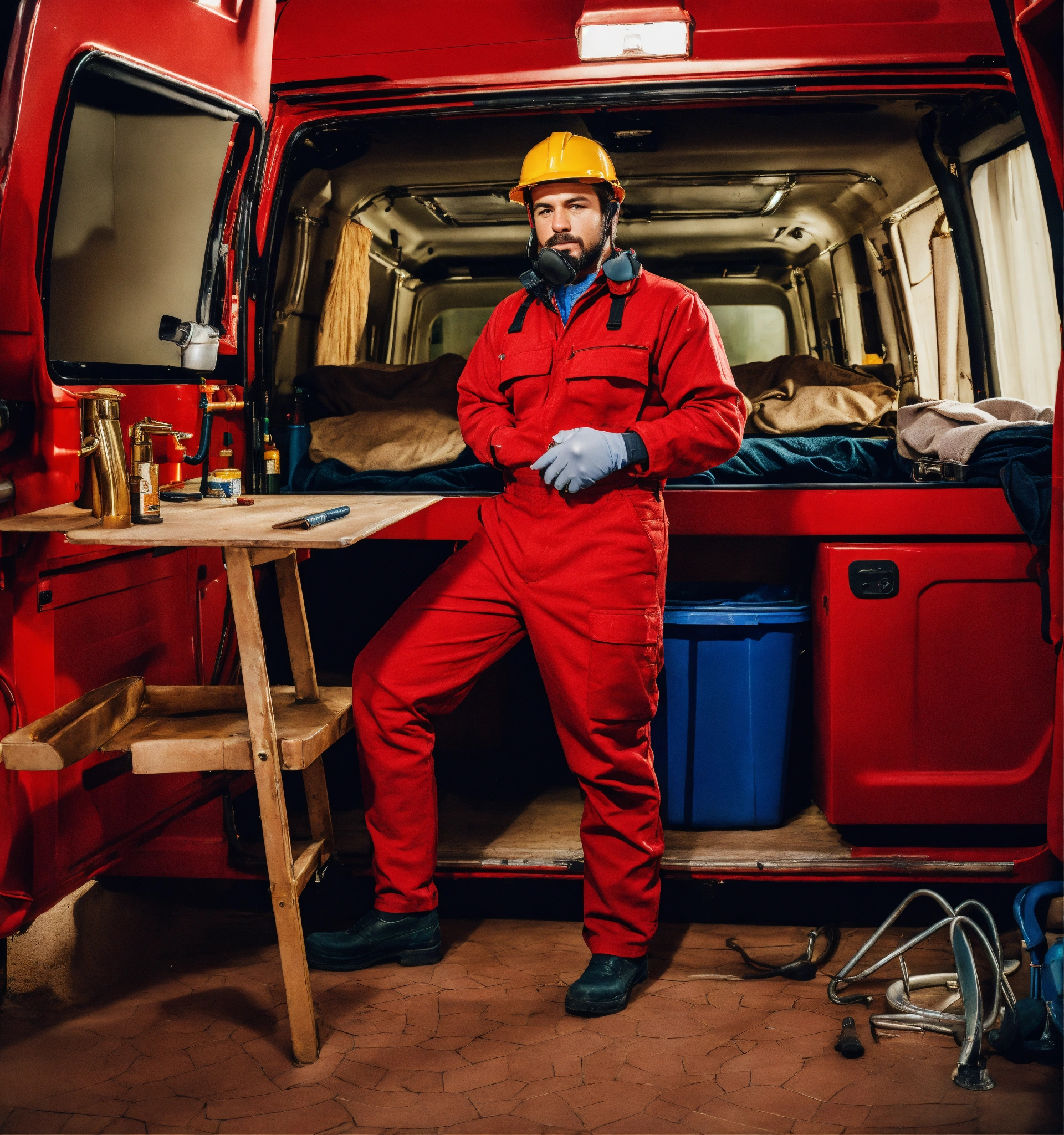 Lexica - A plumber in a red overall outfit and a red hard helm is ...