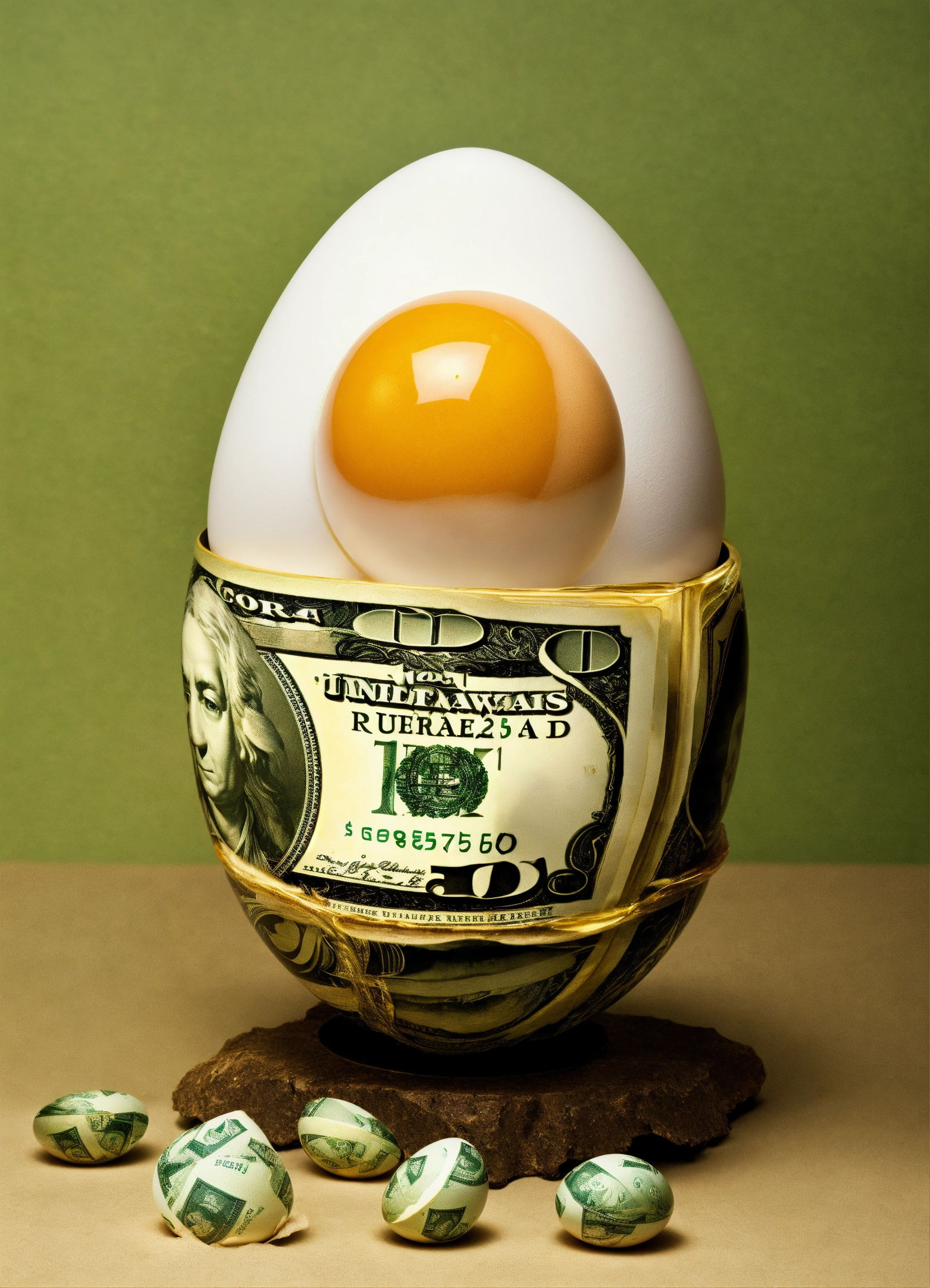 Lexica - Use an egg to make an image about The money will never run out ...