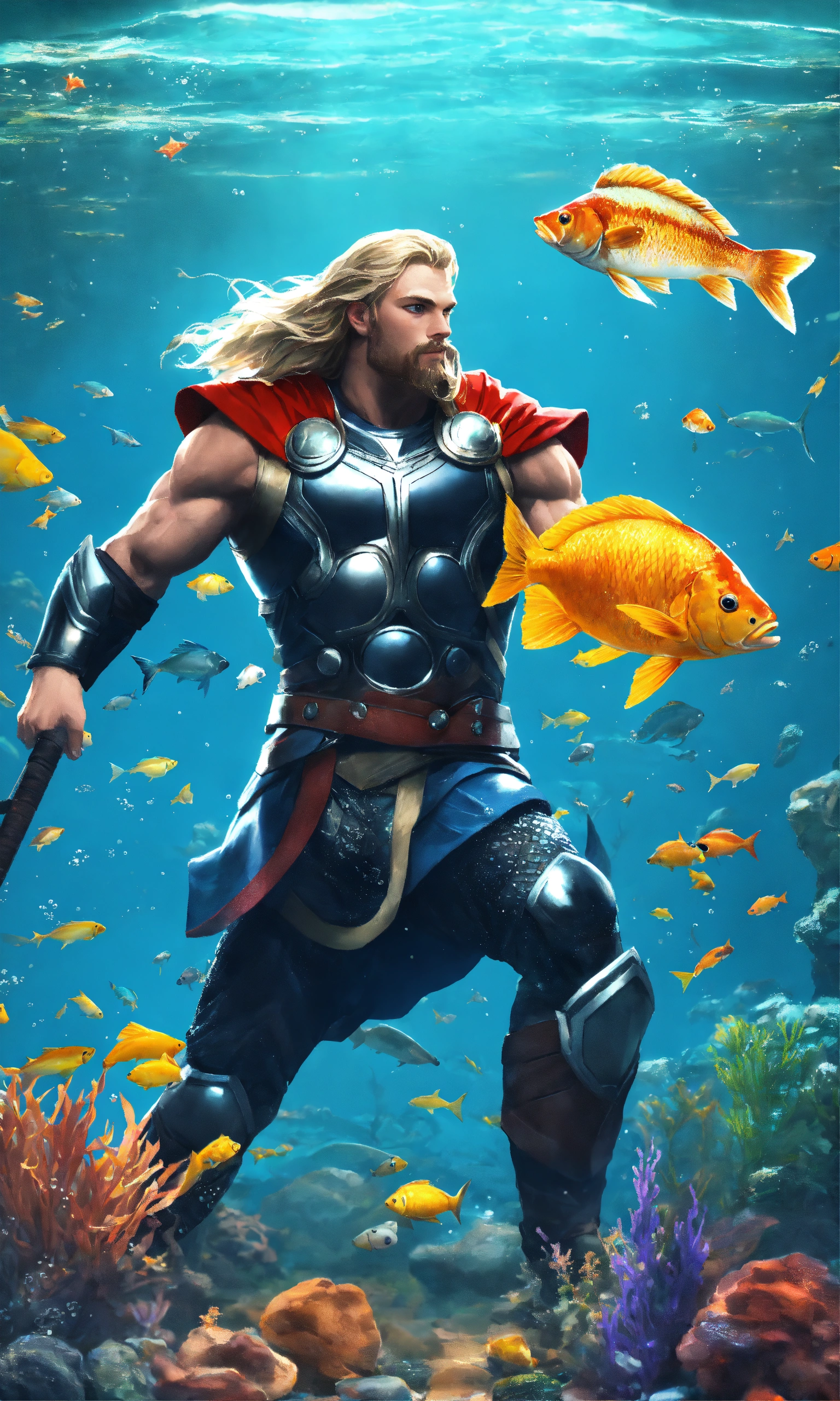 Lexica - Thor with fish underwater in the ocean, nature background, 2D ...