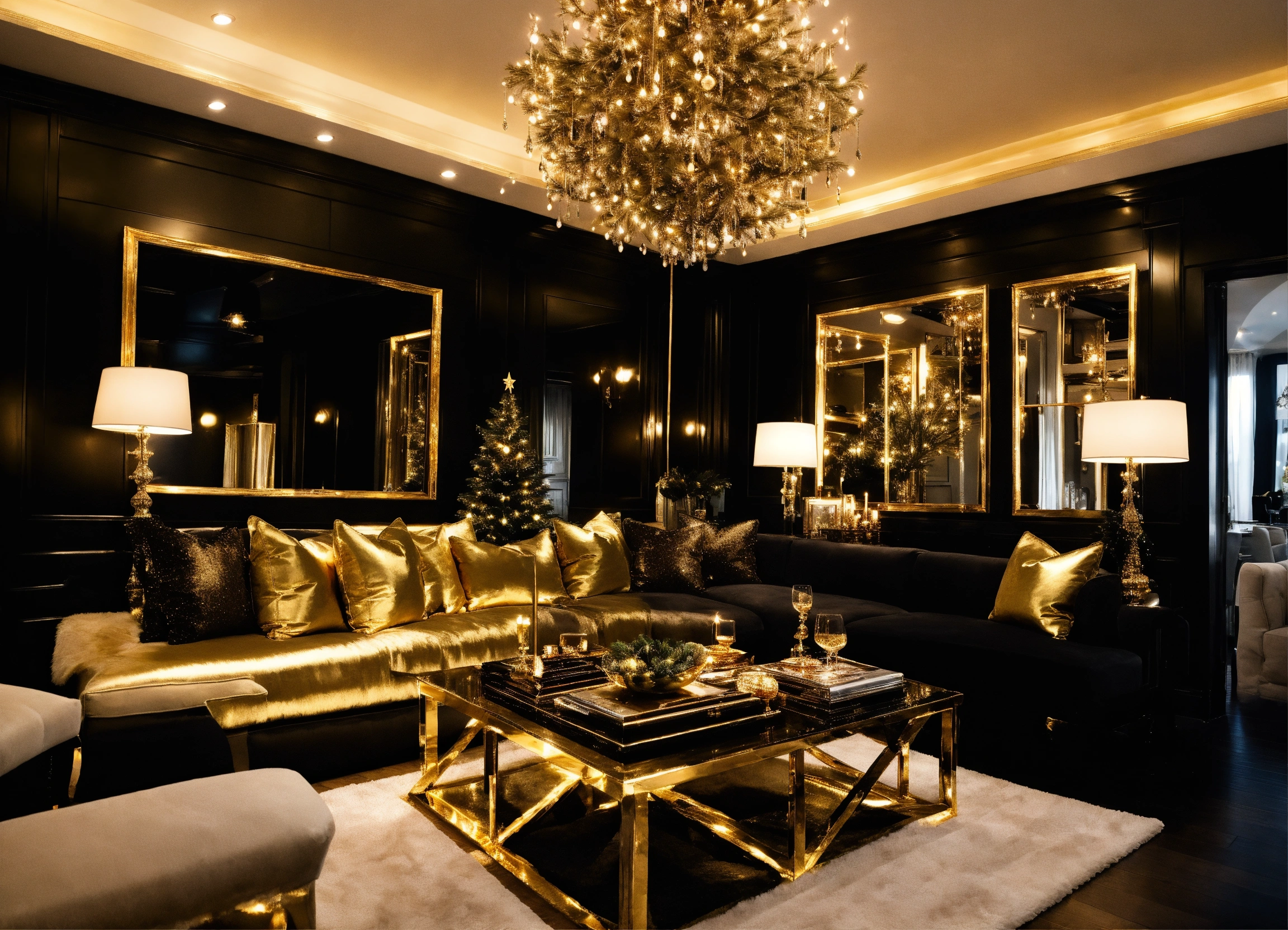 Lexica - Black Christmas, sparkling, gorgeous, gold and black, interior ...