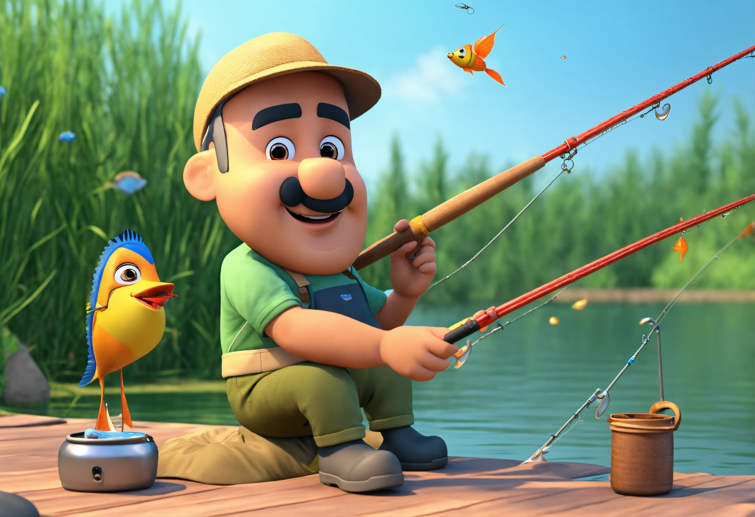 Lexica - Papa fishing. 3D cartoon animated.