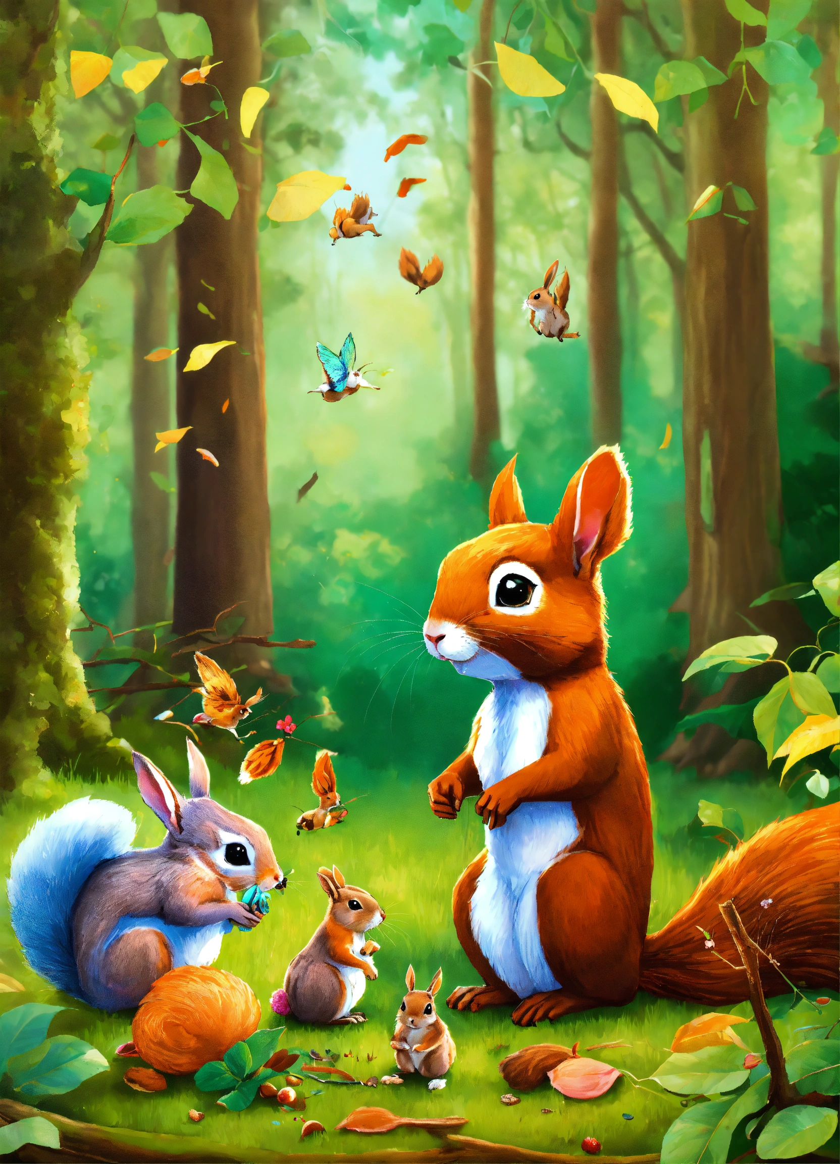 Lexica - In a vibrant forest, a group of squirrels and a wise old