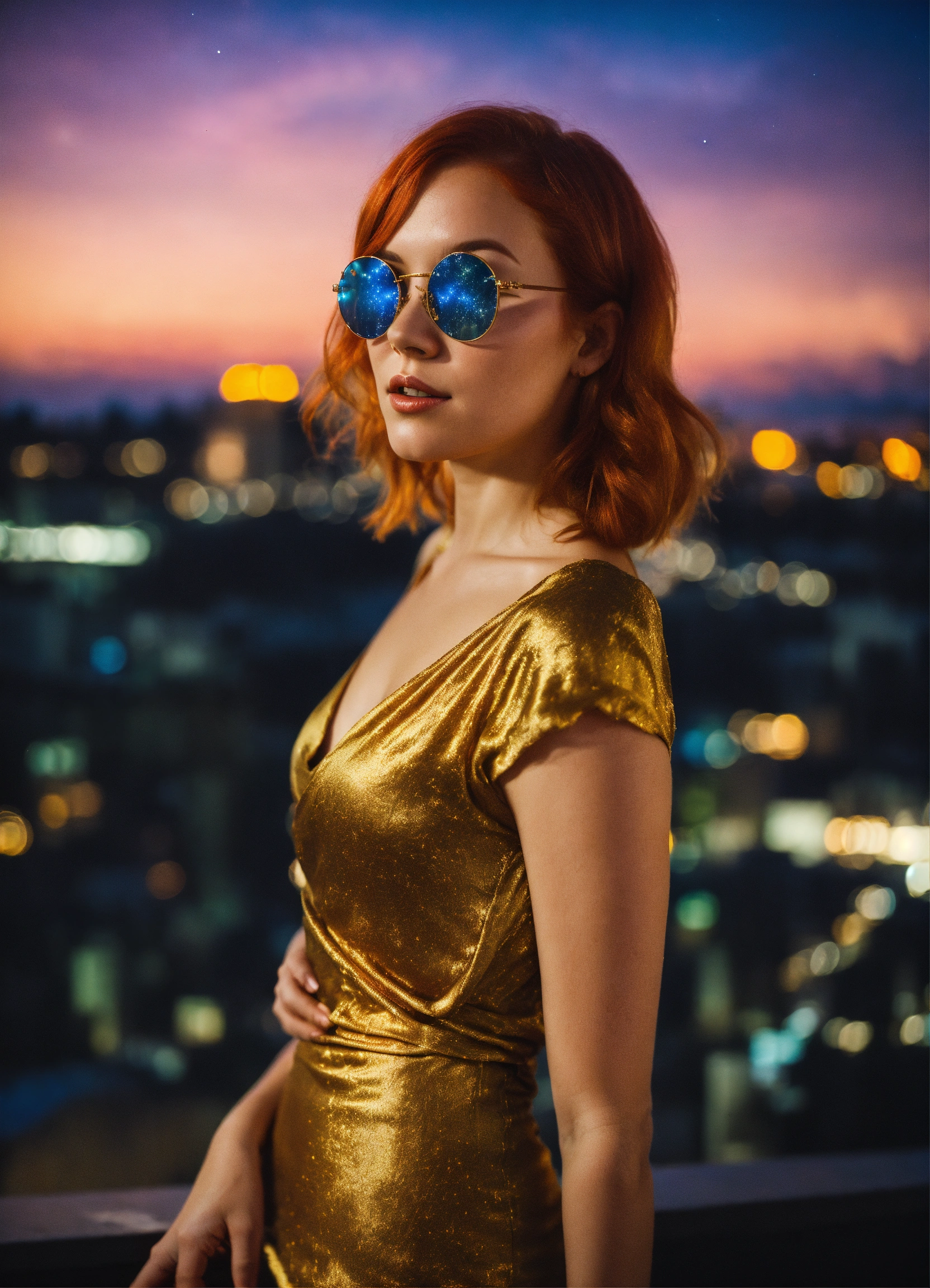 Lexica - A real photo of a cute 28 year old hot redhead next-door girl  wearing a tight golden silk open dress and hot glasses standing in a city.  In ...