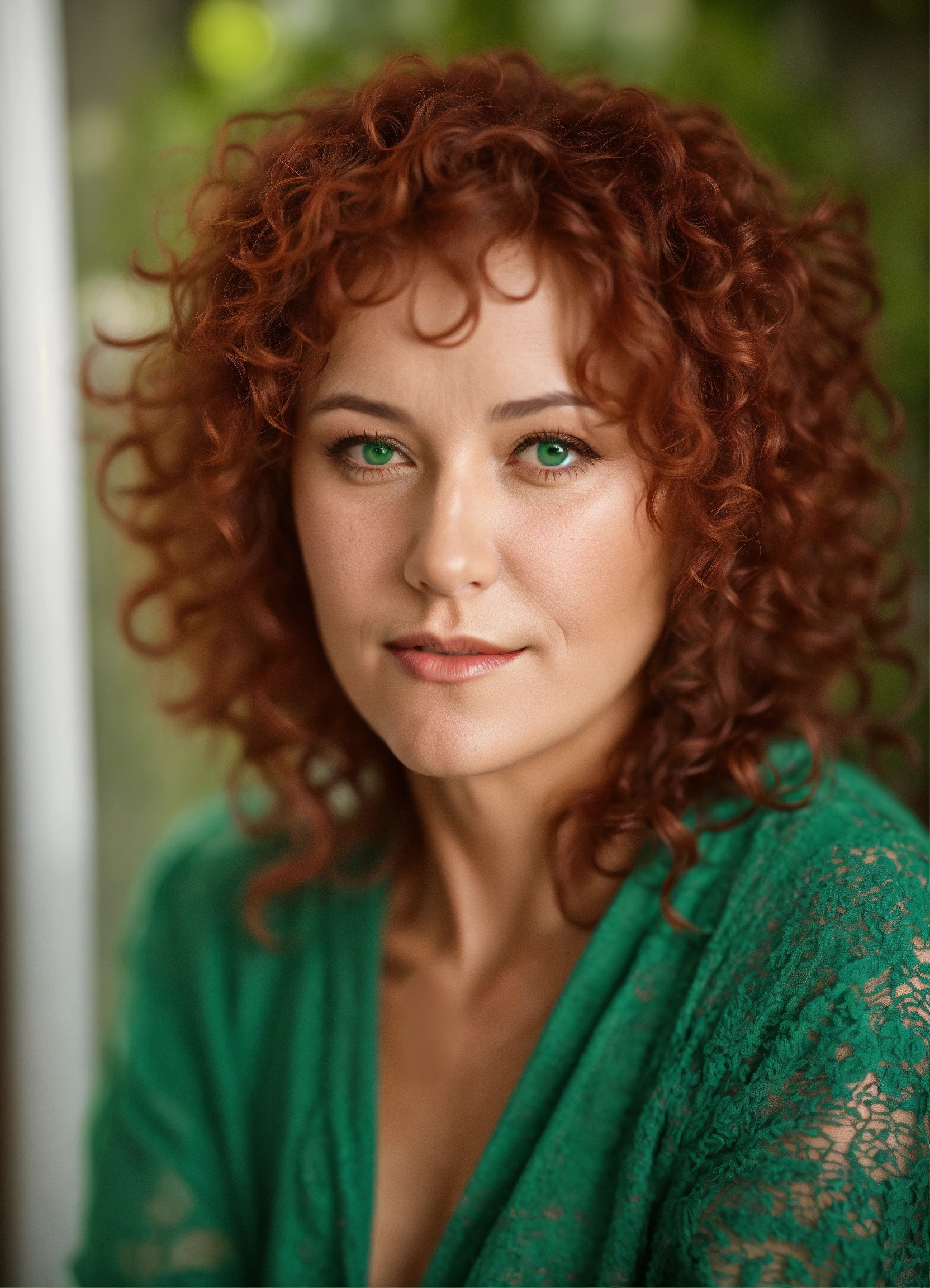 Lexica - Adult woman, 50 years old, red, curly hair, green eyes, plump lips