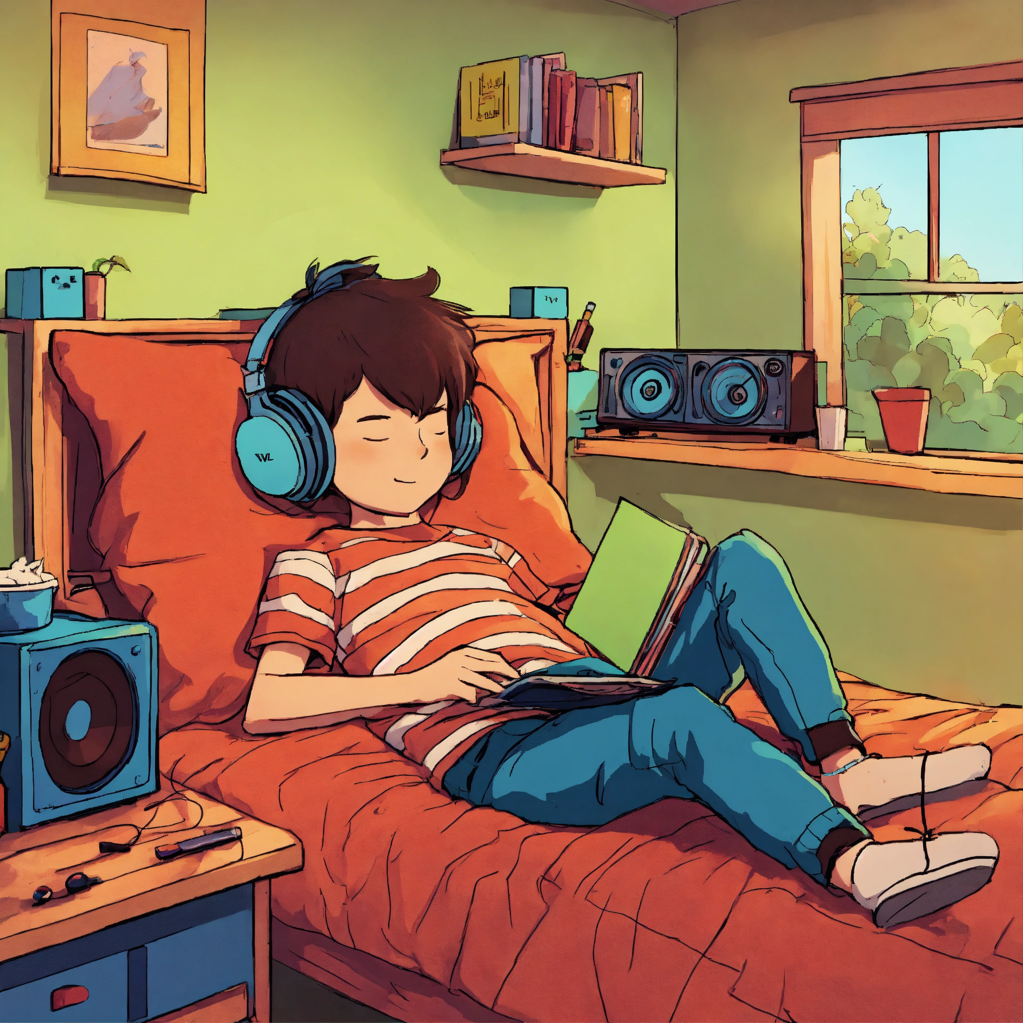 lexica-2d-drawing-of-a-cartoon-type-character-lying-in-his-bed