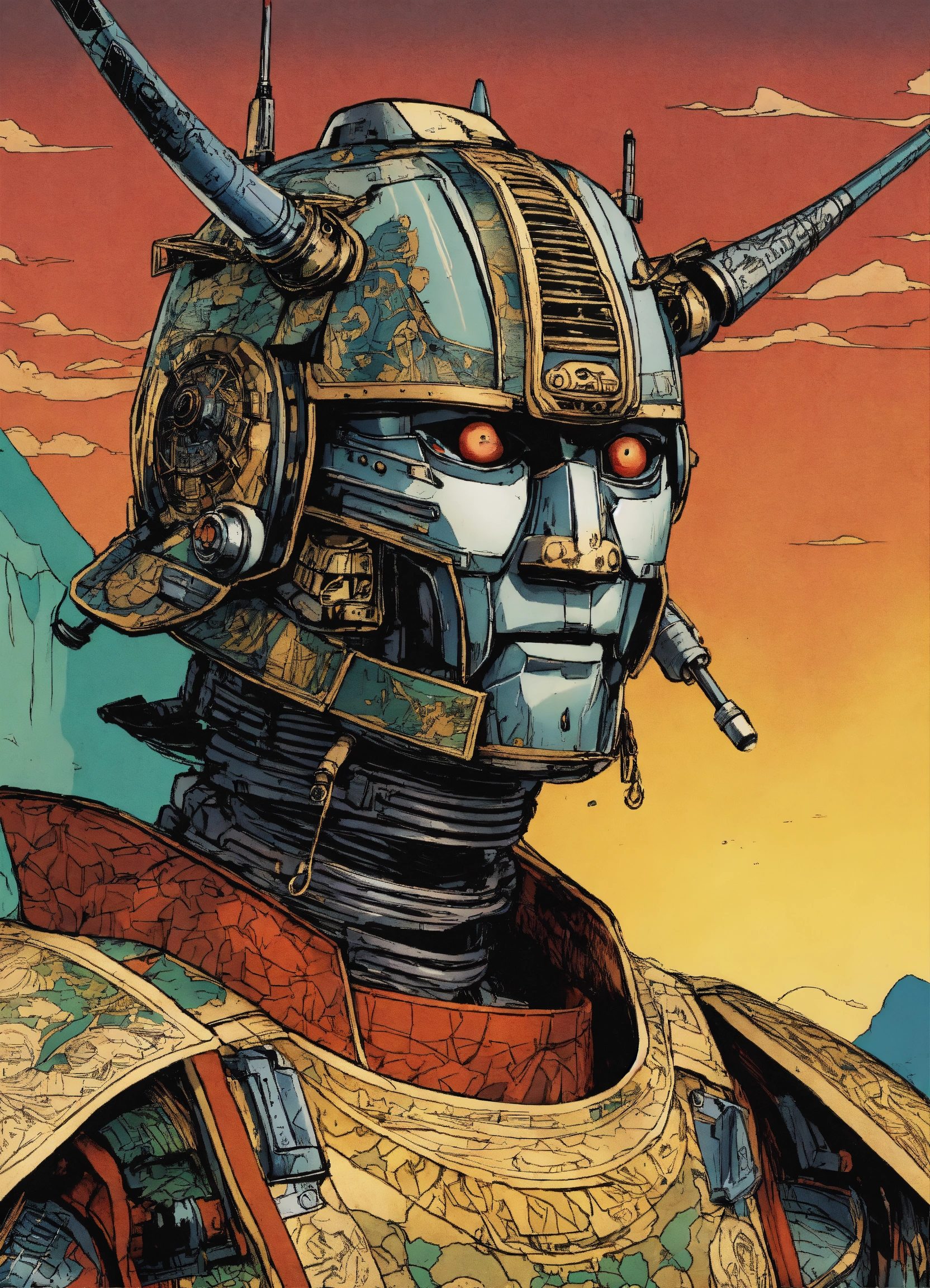 Lexica - Detailed pen and ink illustration of a samurai robot, head ...