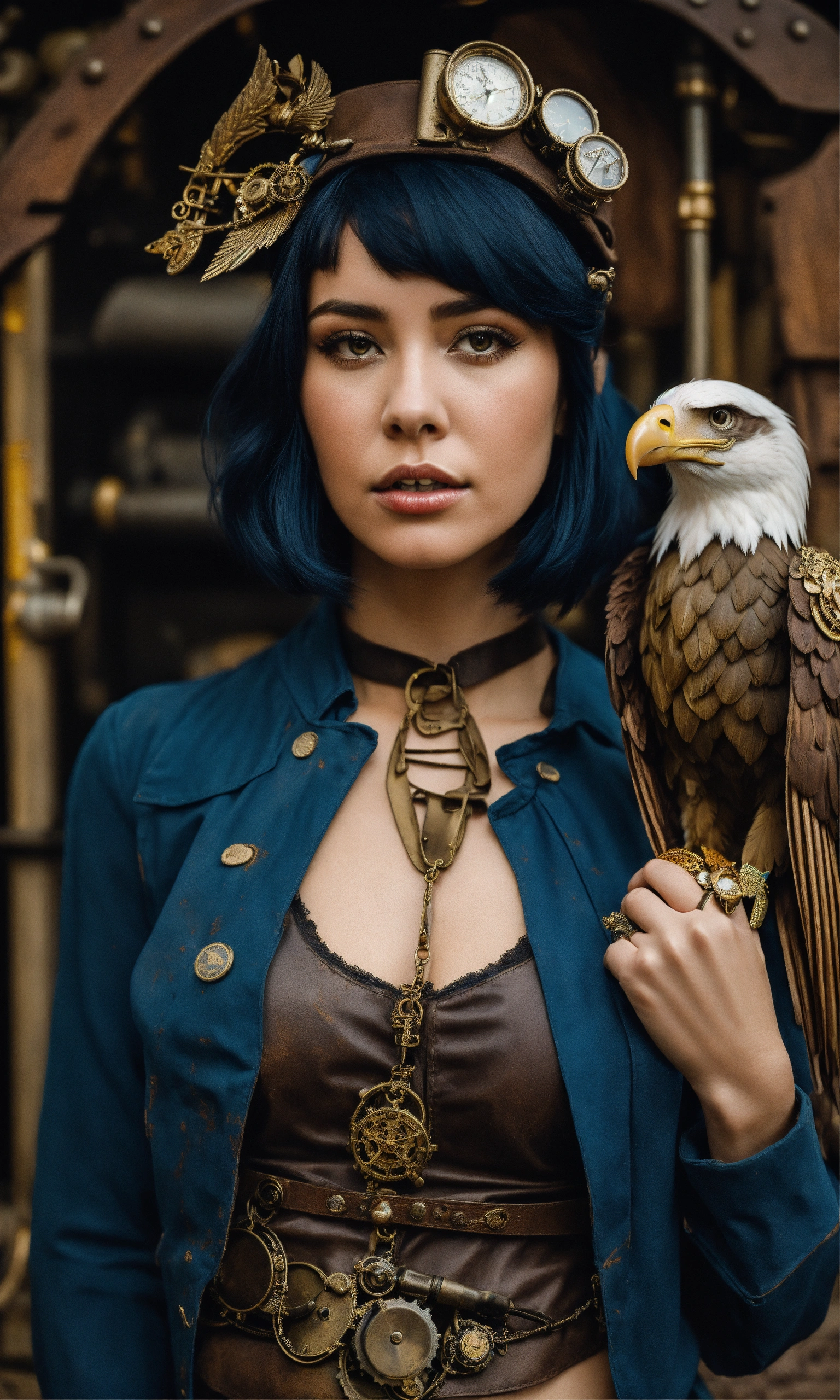 Lexica A young woman with dark blue bob hair with a steampunk bow and