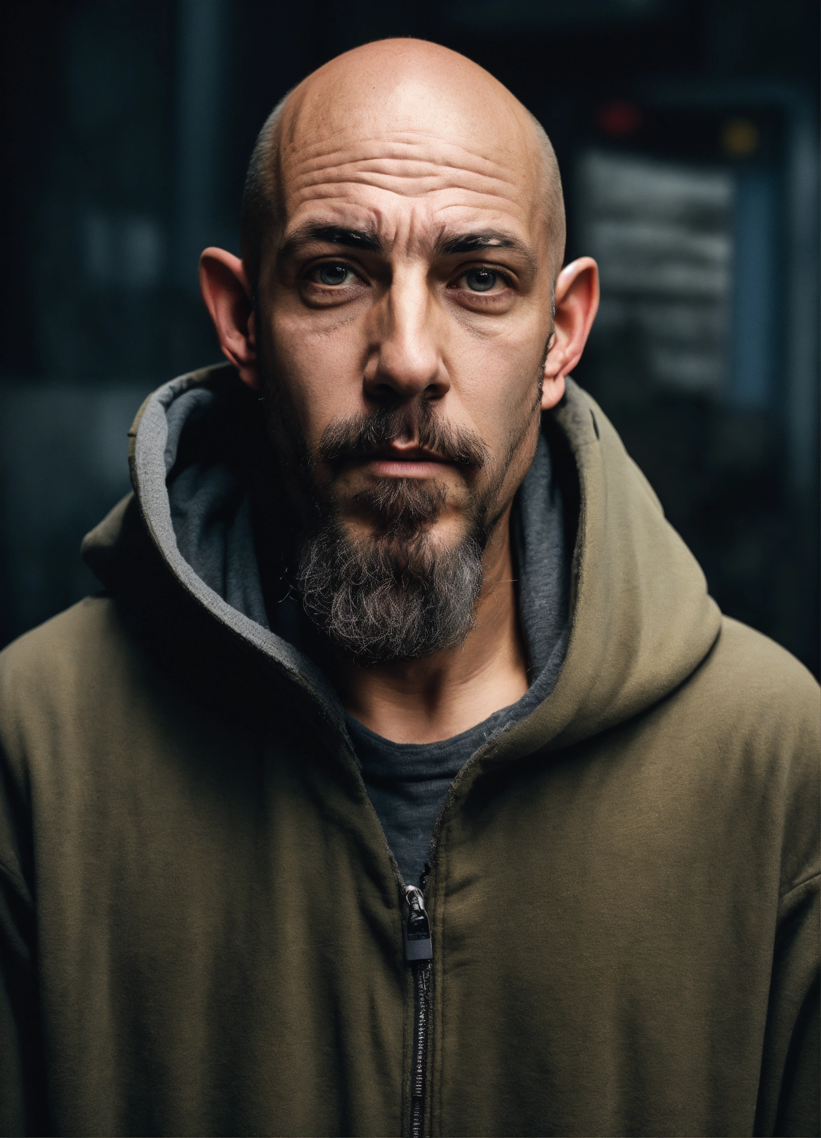 Lexica A Huge Bald Strange Looking Homeless Man With A Goatee Extended Protruding Brow