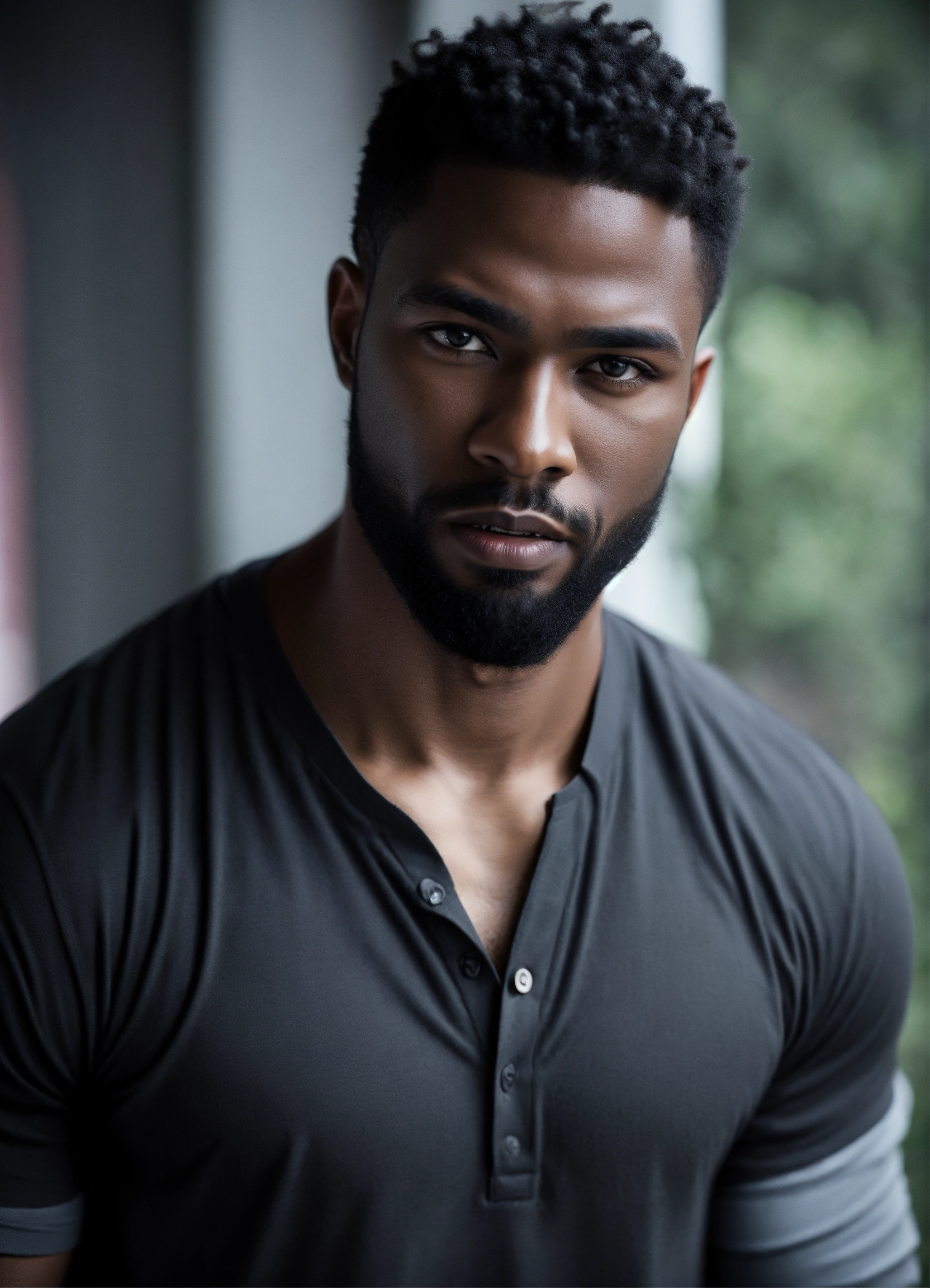 Lexica Handsome Black Male Dark Skin Beard Vampire Gray Henley