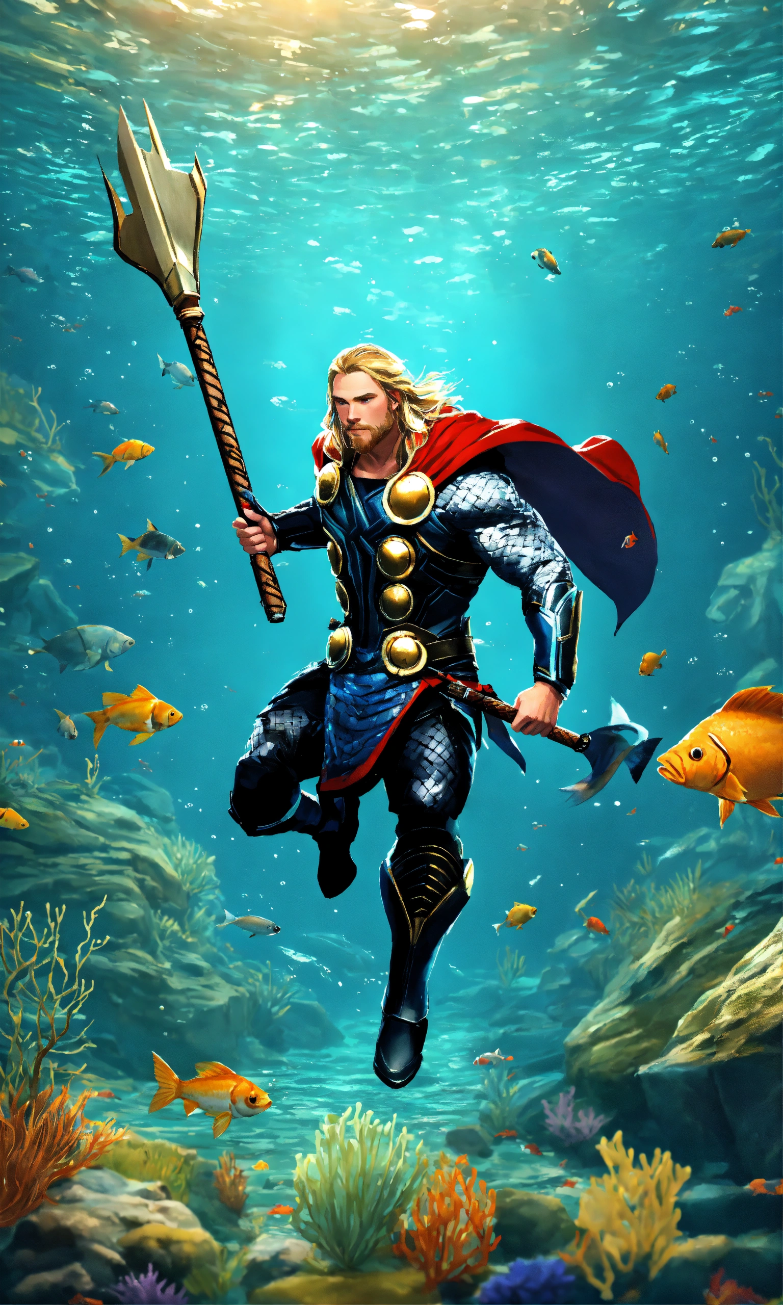 Lexica - Thor with fish underwater in the ocean, nature background, 2D ...