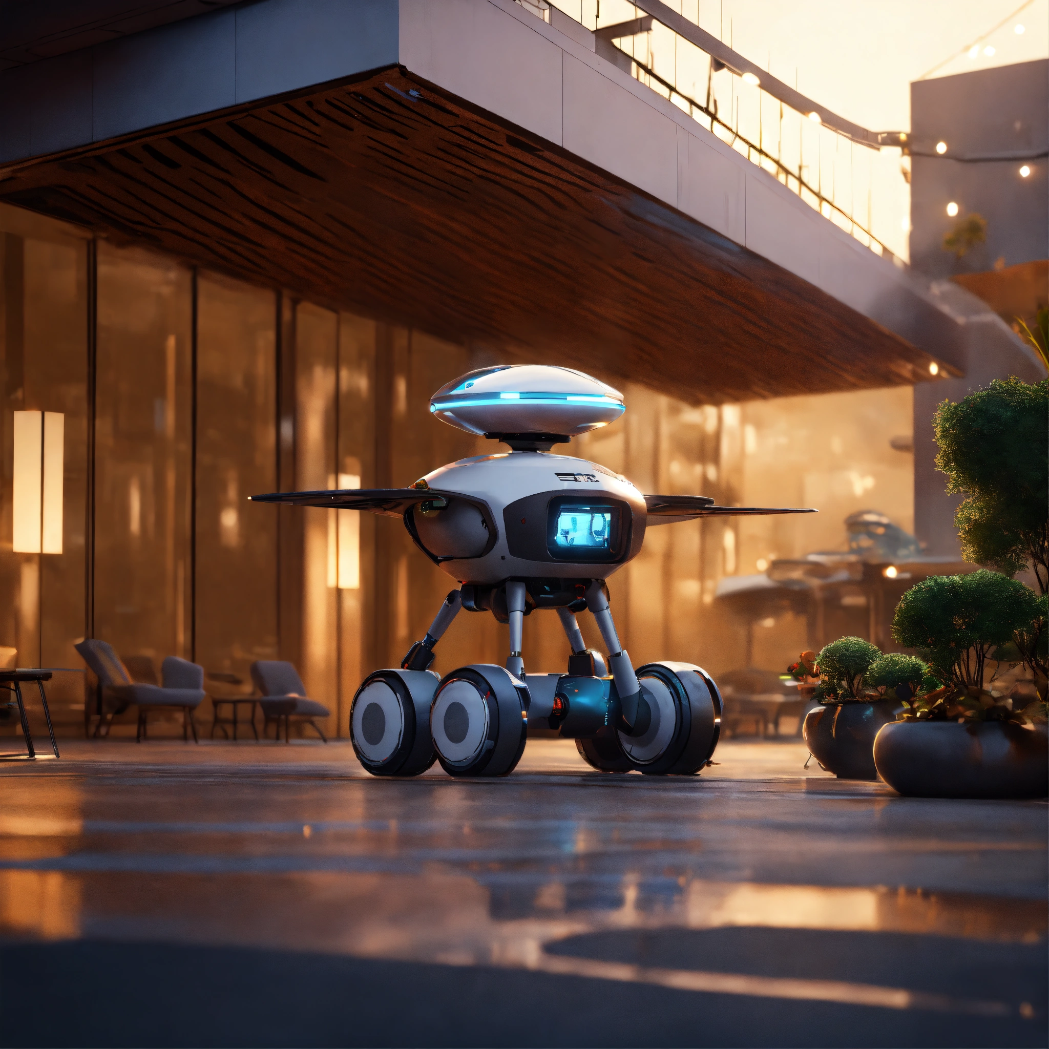 Lexica A Small Flying Robotic Patrol Bot Materializes In The Courtyard Of A Space Port Hotel