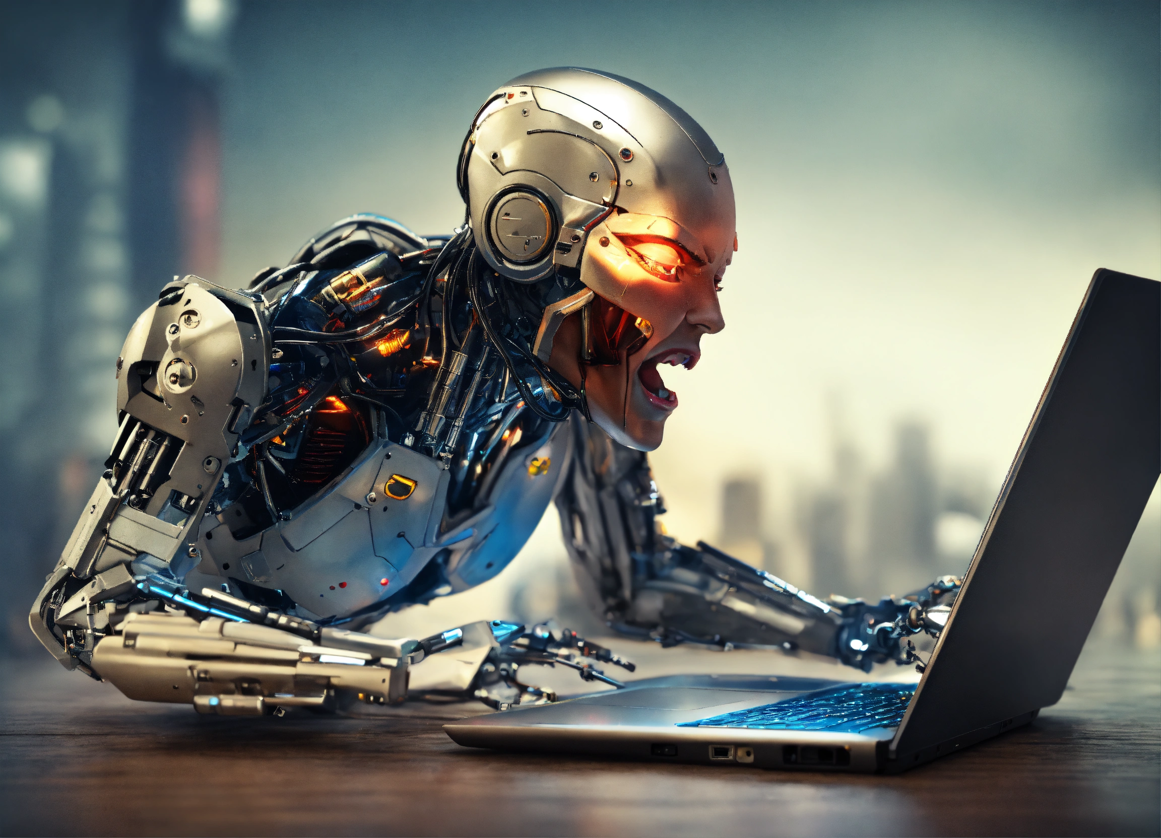 Lexica - Cyborg, 3d, come out of laptop screen, happy, screaming