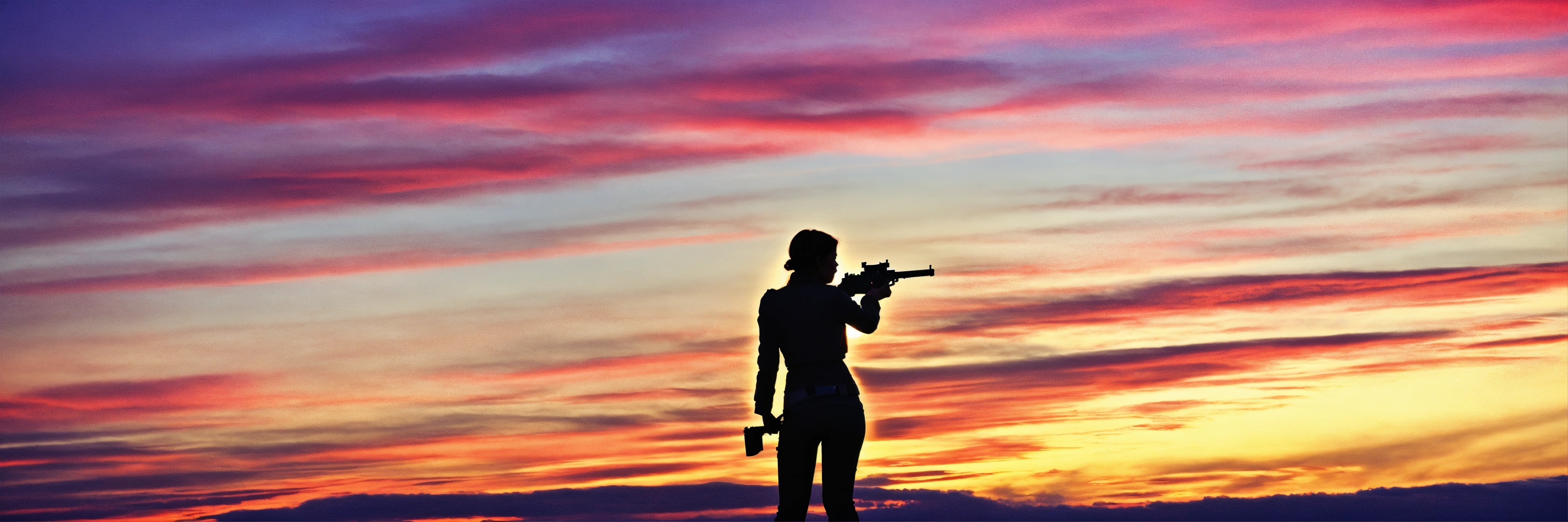 Lexica - Woman holding a pistol in front of a colourful sky