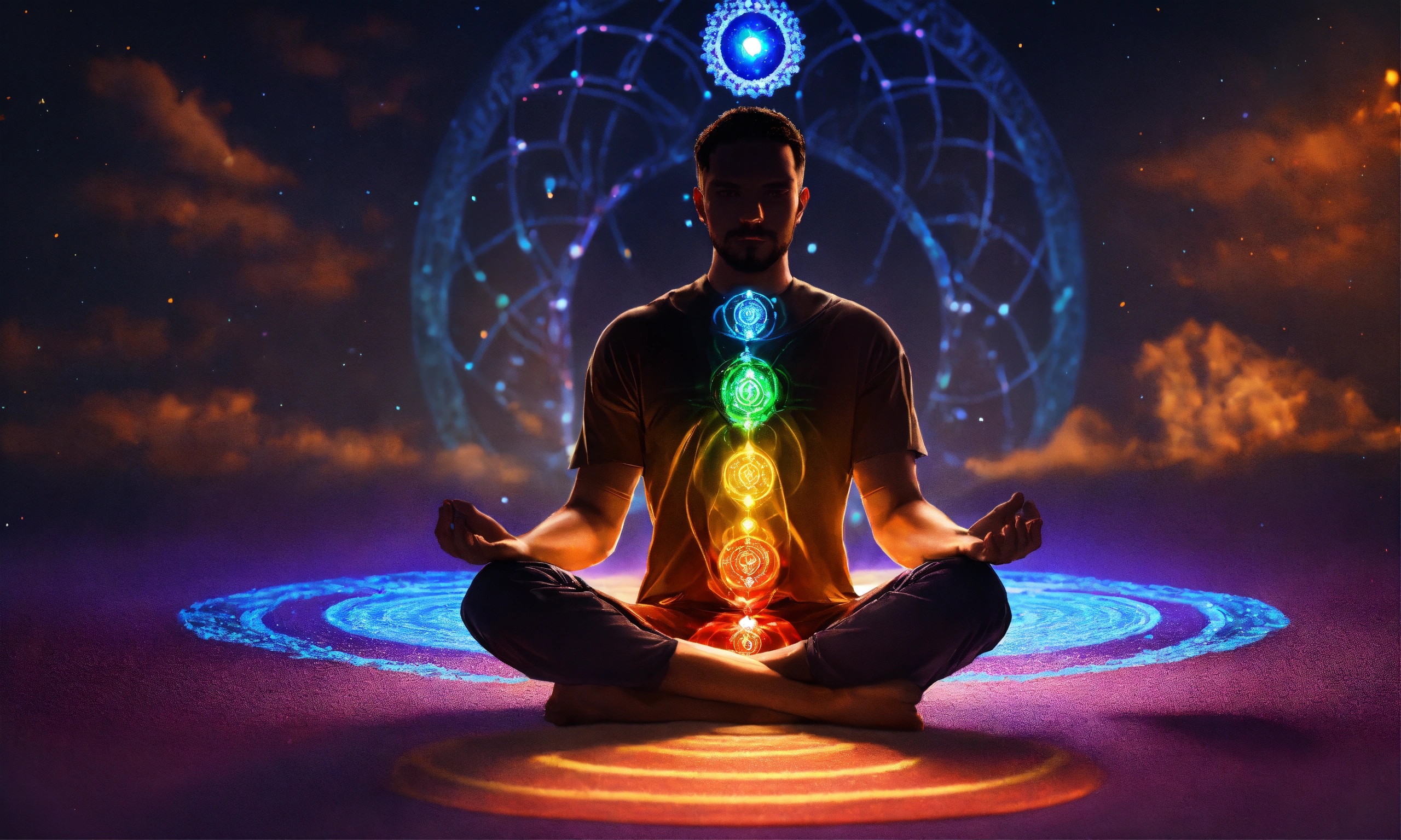 Lexica - Man sitting, chakras lit up, 4k, high resolution, photo quality