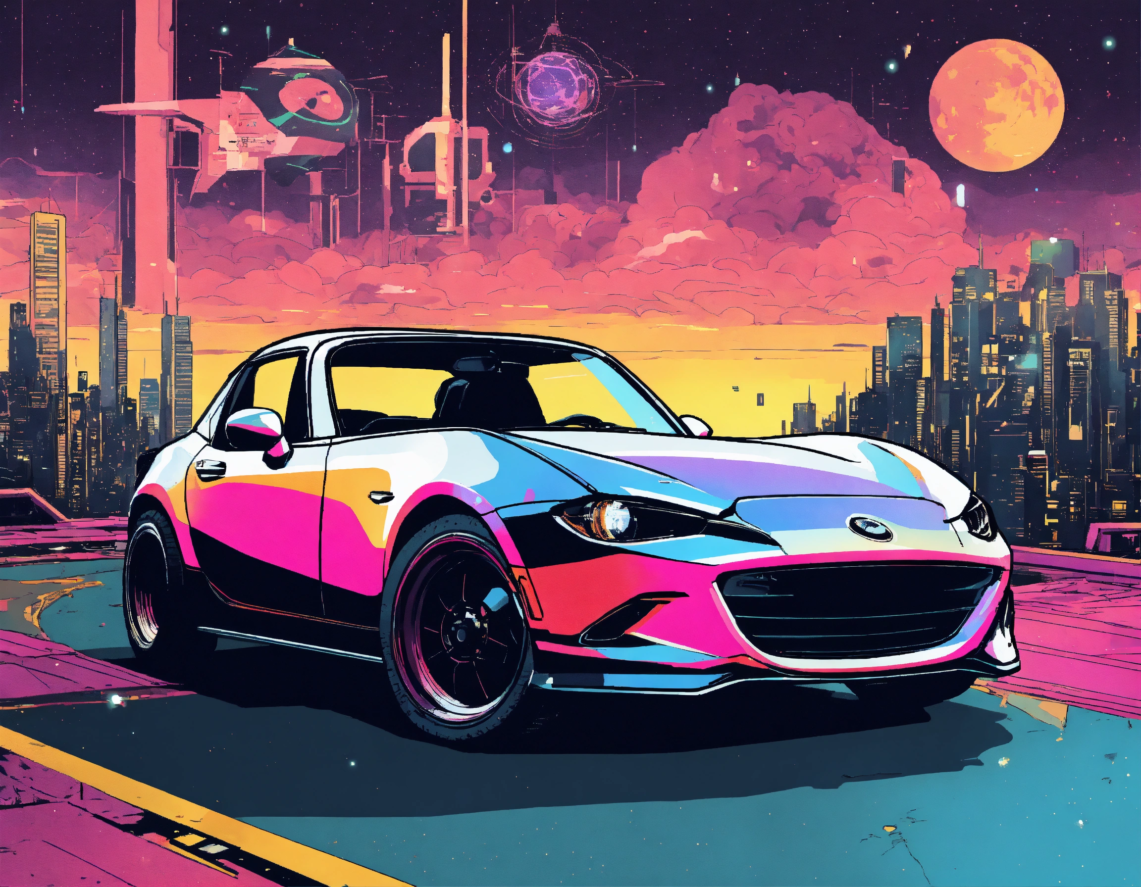 Lexica - Cyberpunk steampunk miata, die-cut sticker, cosmic backround ...