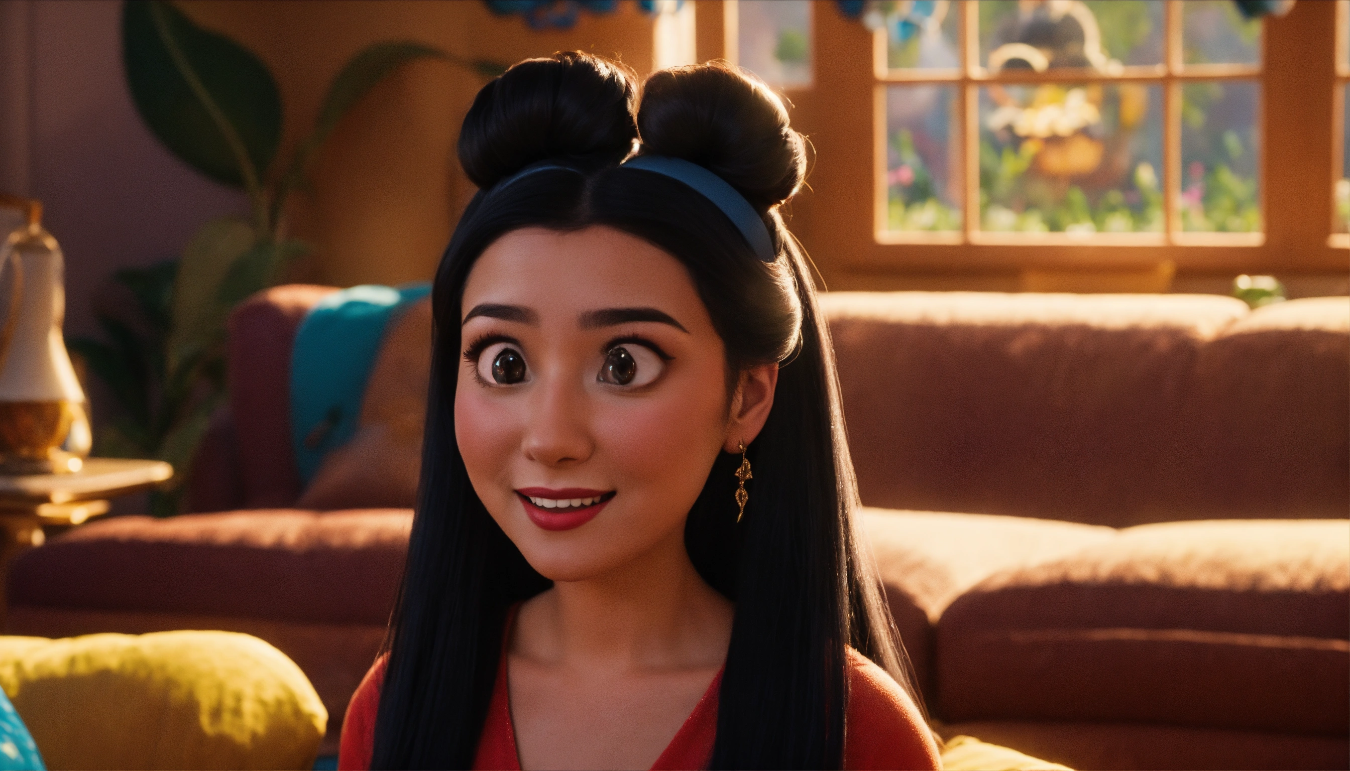 lexica-a-woman-with-long-black-hair-in-a-bun-happy-from-the-front