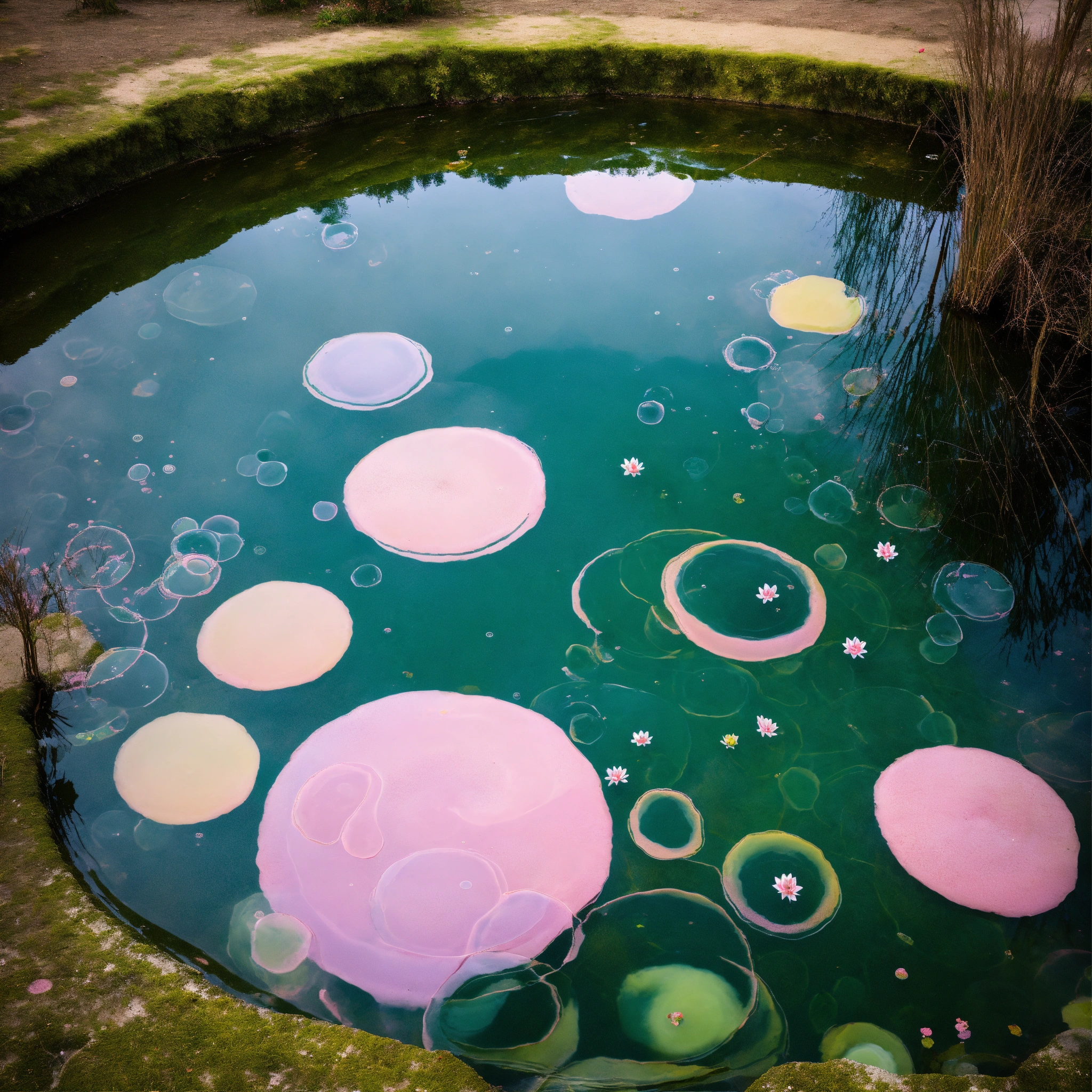 Lexica - Pastel bubbles sinking in the pond, surreally.