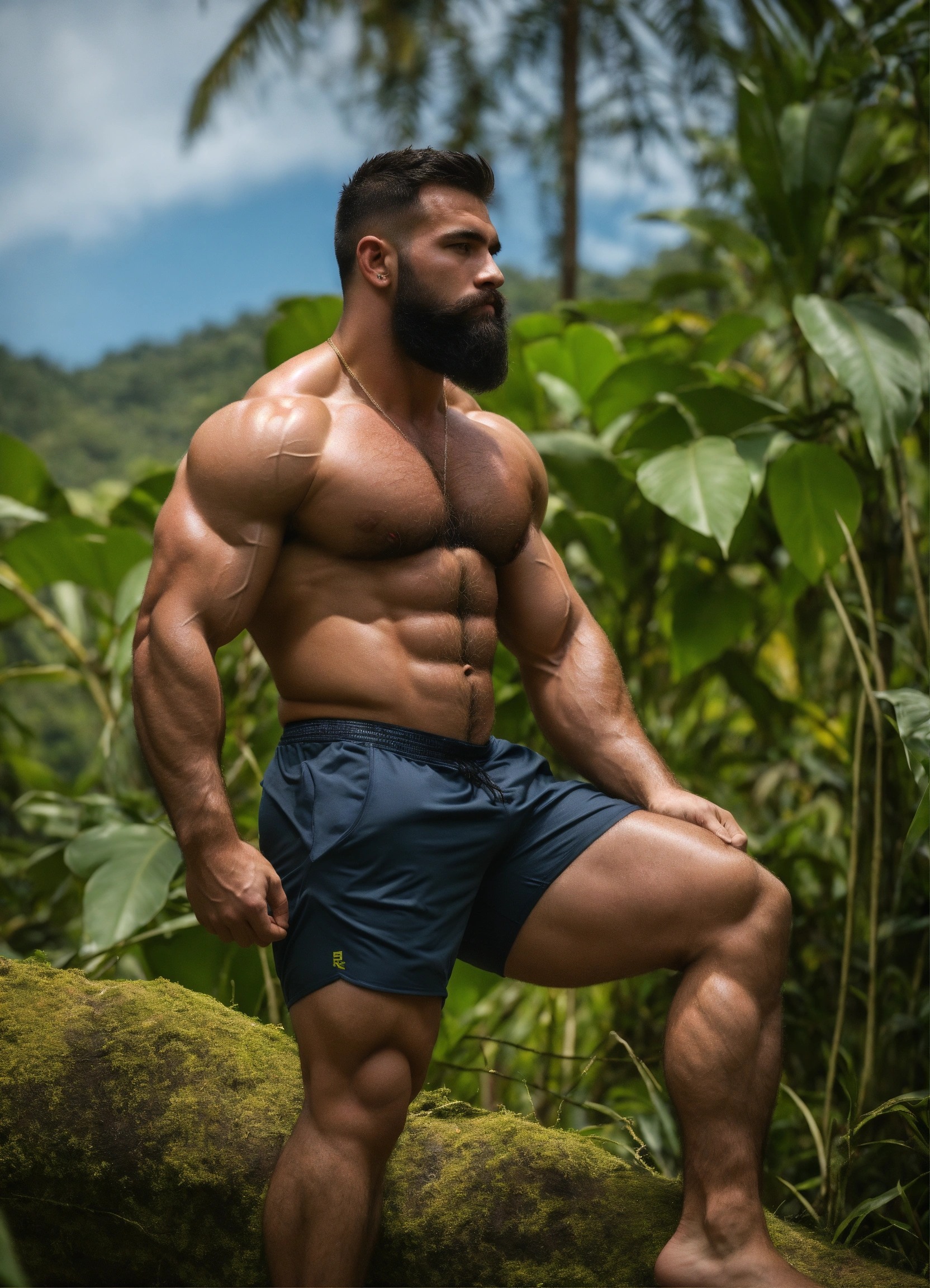 Lexica - 30-year-old man with big muscles, big bodybuilder, Colombian, hairy  torso, hairy arms, hairy legs, body like a wrestler, in a jungle