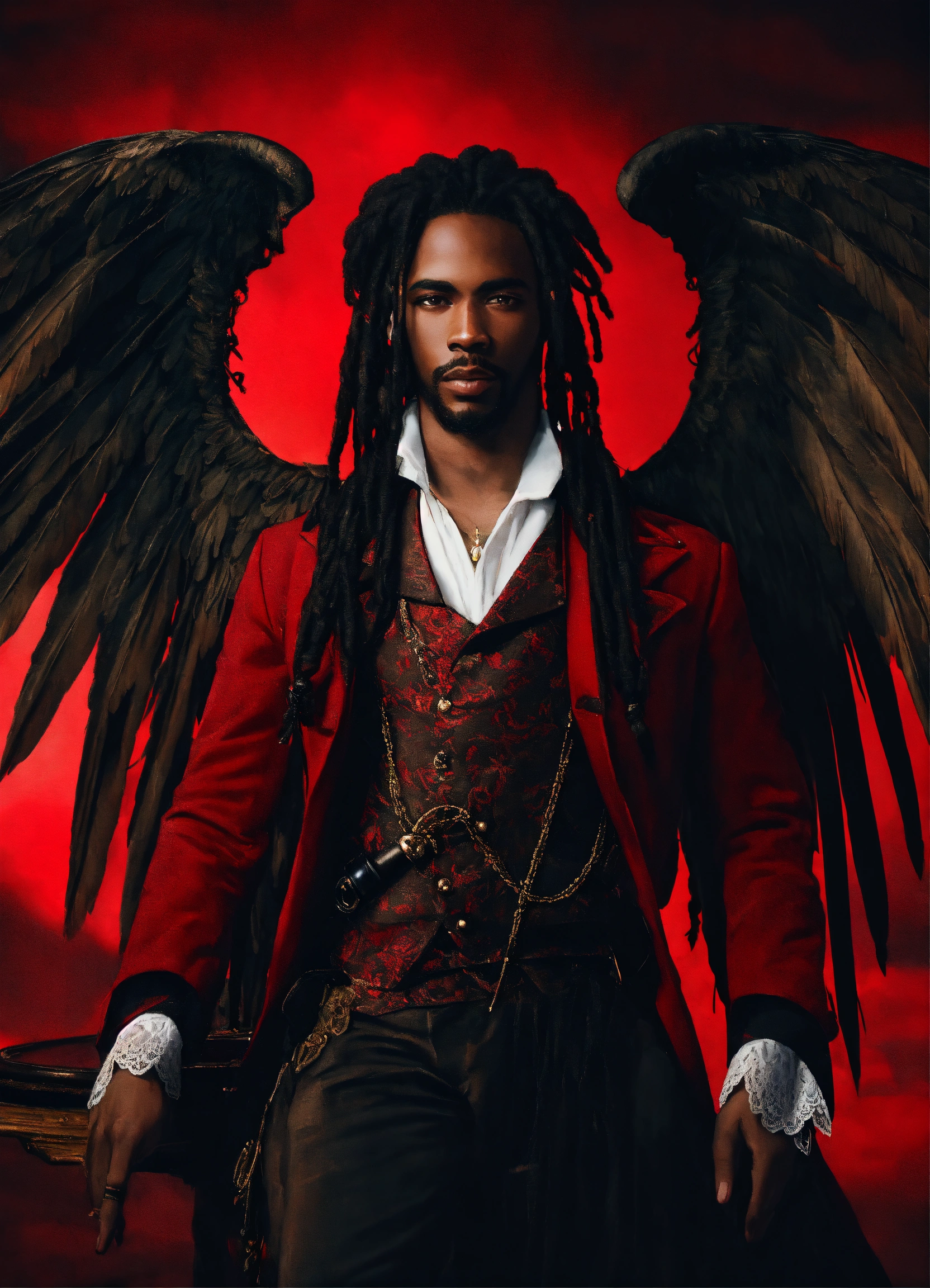 Lexica - Black man black dreadlocks Victorian red winged angel 4k