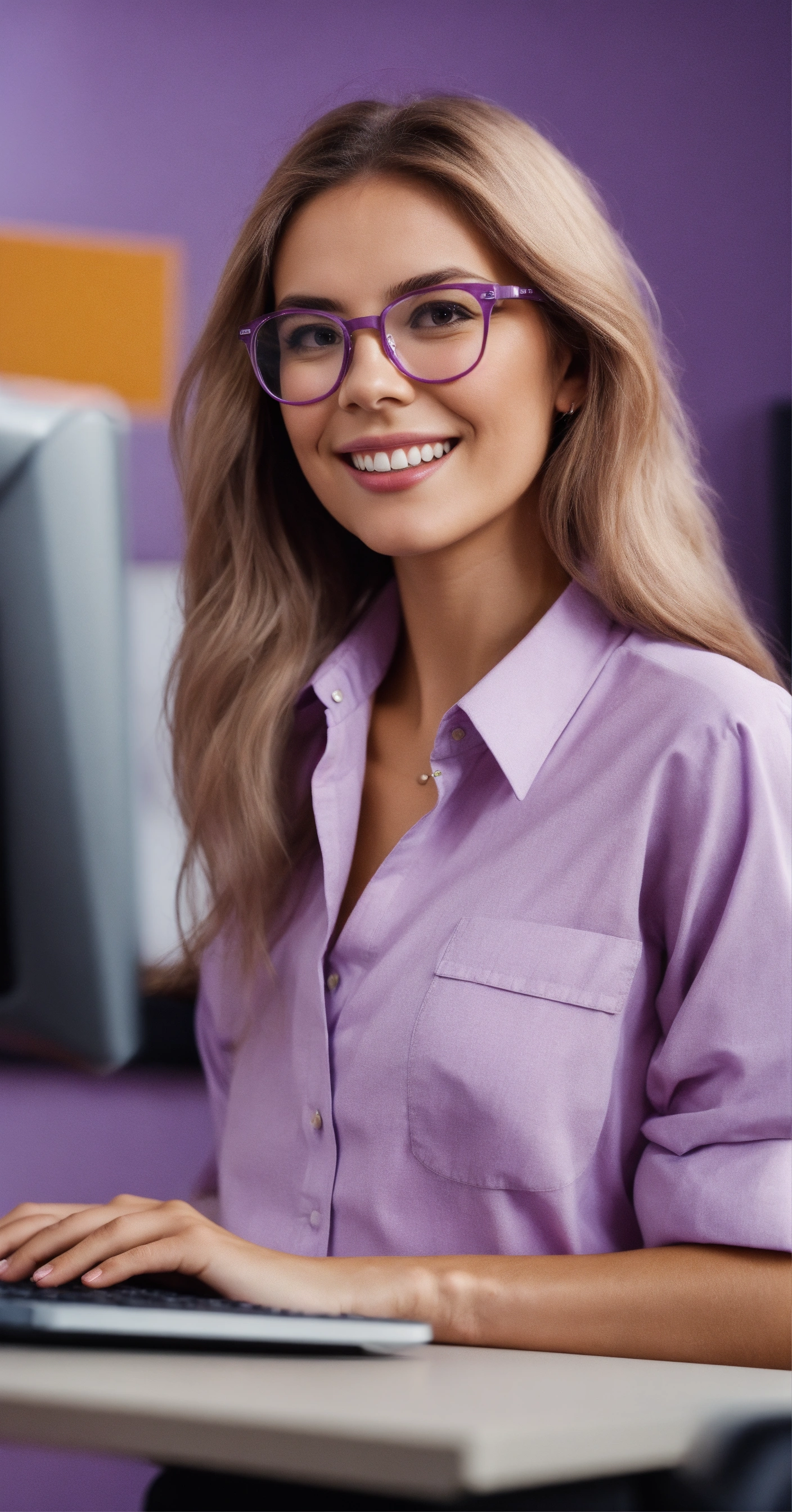 Lexica - A marketing girl in a lilac shirt with smooth hair and glasses ...